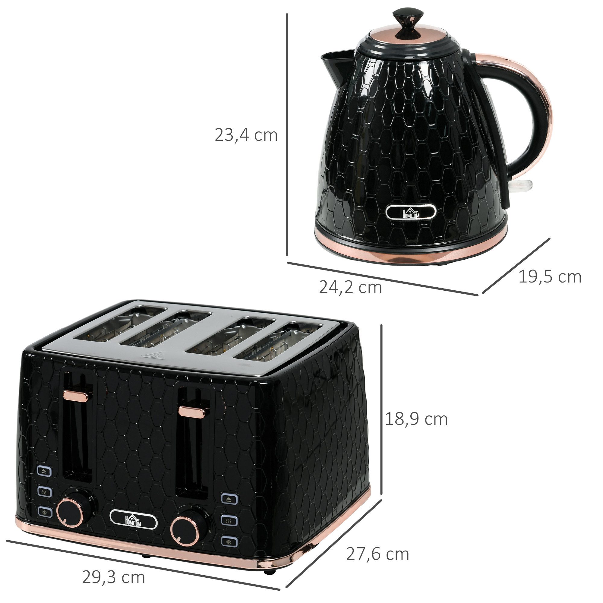 HOMCOM Toaster Wasserkocher Frühstücksset mit 7 Bräunungsstufen, Krümelfach, 4 Schlitze, für 4 Scheiben, 2200 W, mit automatischer Abschaltung, Auftau- & Aufwärmfunktion, Schwarz