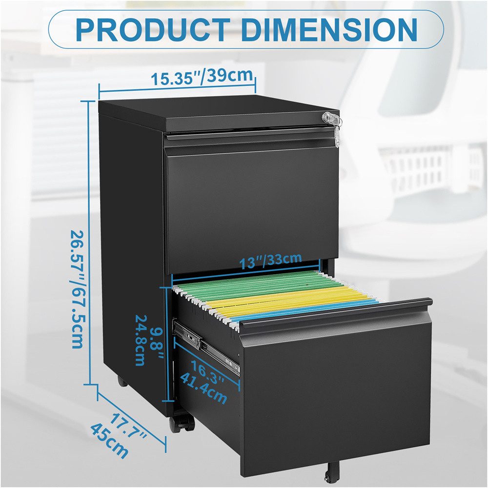 REDOM Aktenschrank Rollcontainer Schubladenschrank (2-Schubladen Aktenschrank mit Schloss – Mobiler Metall-Aktenschrank, 1-St)