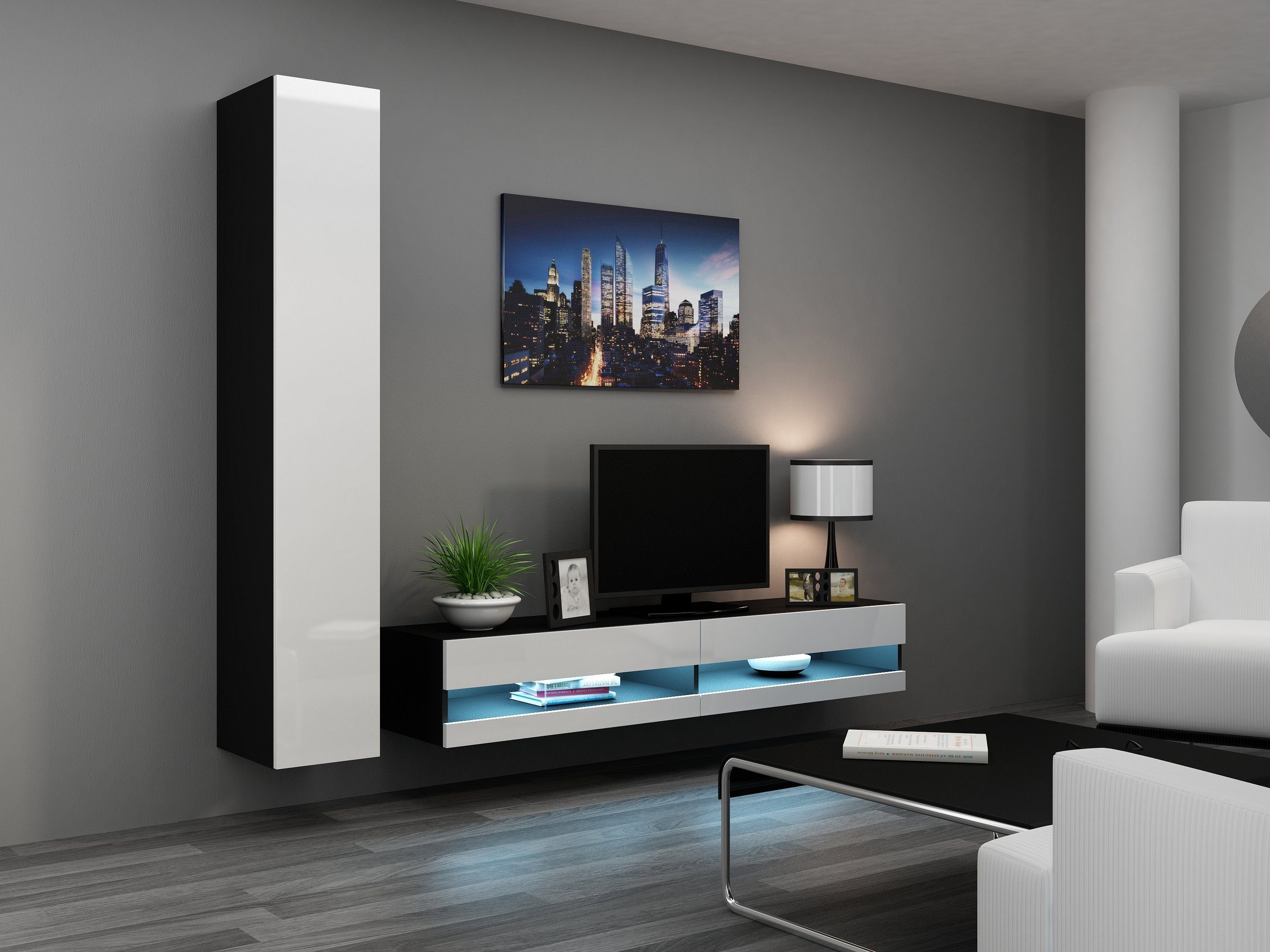 Stylefy Wohnwand Vago N IX, (Set (2-St), Wohnmöbel, Wohnzimmer-Set), bestehend aus 1xLowboard und 1xHängeschrank, mit Push-to-Open, inkl. LED-Beleuchtung, Modern Design Schwarz/Weiß