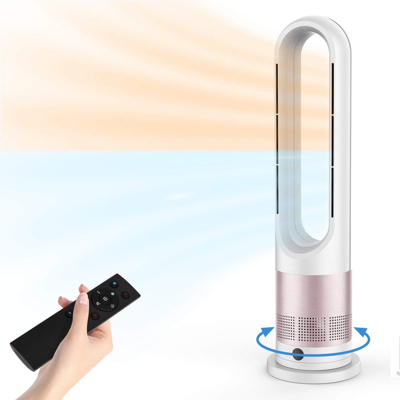 Rebonique Turmventilator Rotorlos Ventilator mit Kühlung/Heizen/Luftkühler sehr Leise, 8 Stufen, LED-Anzeige, Fernbedienung, 80° Oszillation, 9H Timer