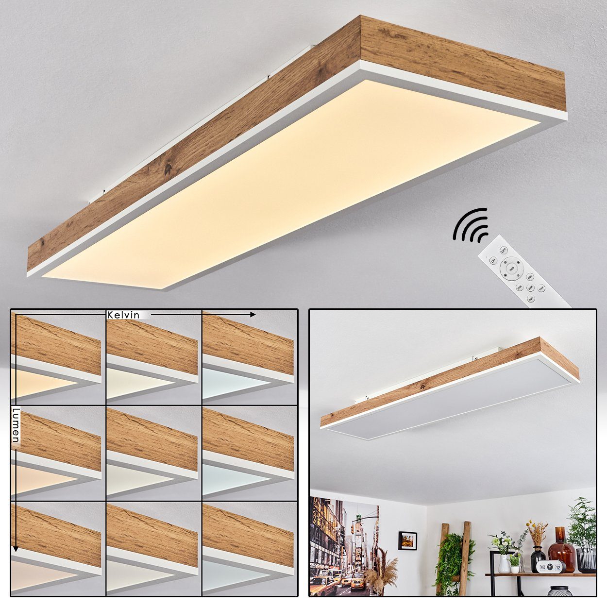 hofstein Deckenleuchte »Vacil« Deckenlampe aus Metall/MDF/Kunststoff in Weiß/Holzoptik, CCT 2700-6500 Kelvin