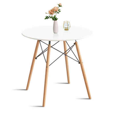 Fruyyzl Esstisch Runder Küchentisch mit weiß MDF-Tischplatte für 4 Personen, Esszimmertisch mit Holzbeine aus Buche,Ø: 80 x H: 75 cm