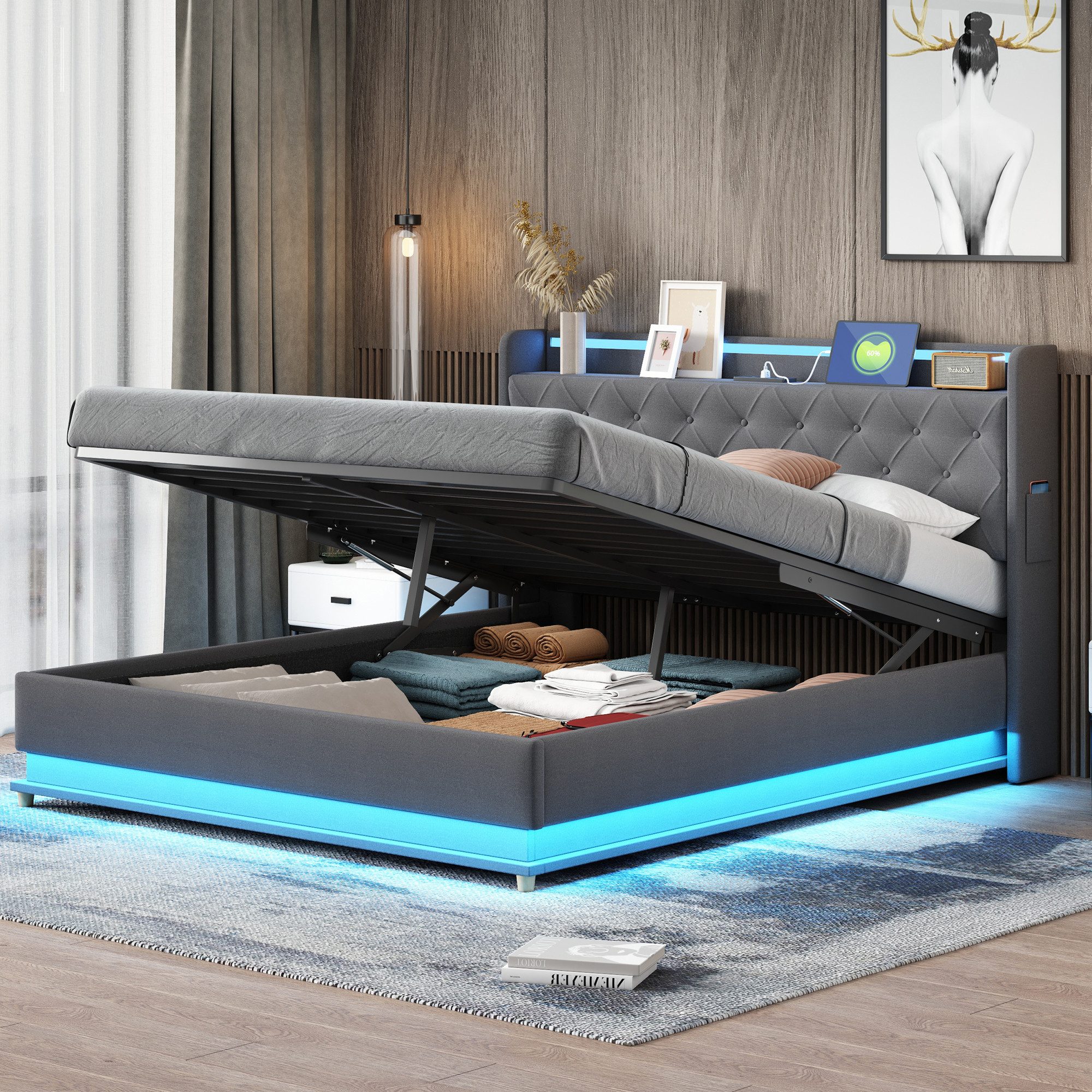 NMonet Polsterbett Doppelbett Stauraumbett (Hydraulisch anhebbarer Bettstauraum), mit 4 USB-Ladeanschlus, LED-Beleuchtung, Bettkasten, Leinen, 160x200cm