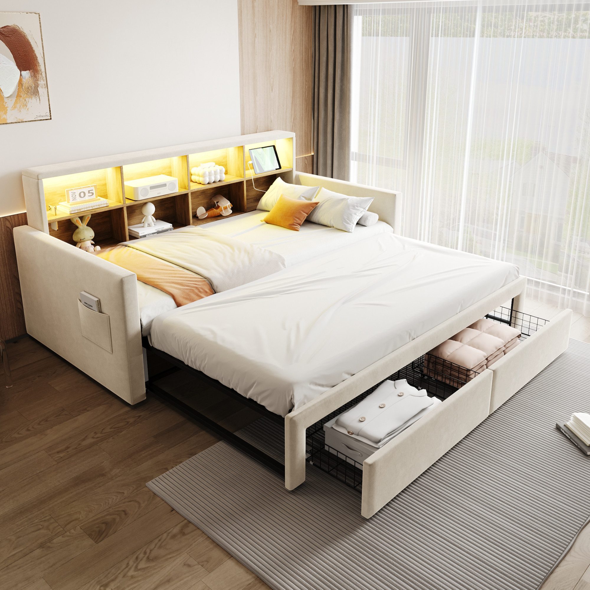 Odikalo Polsterbett Ausziehbar Schlafsofa 90/180 x190 Staufach LED USB mit/ohne Schubladen