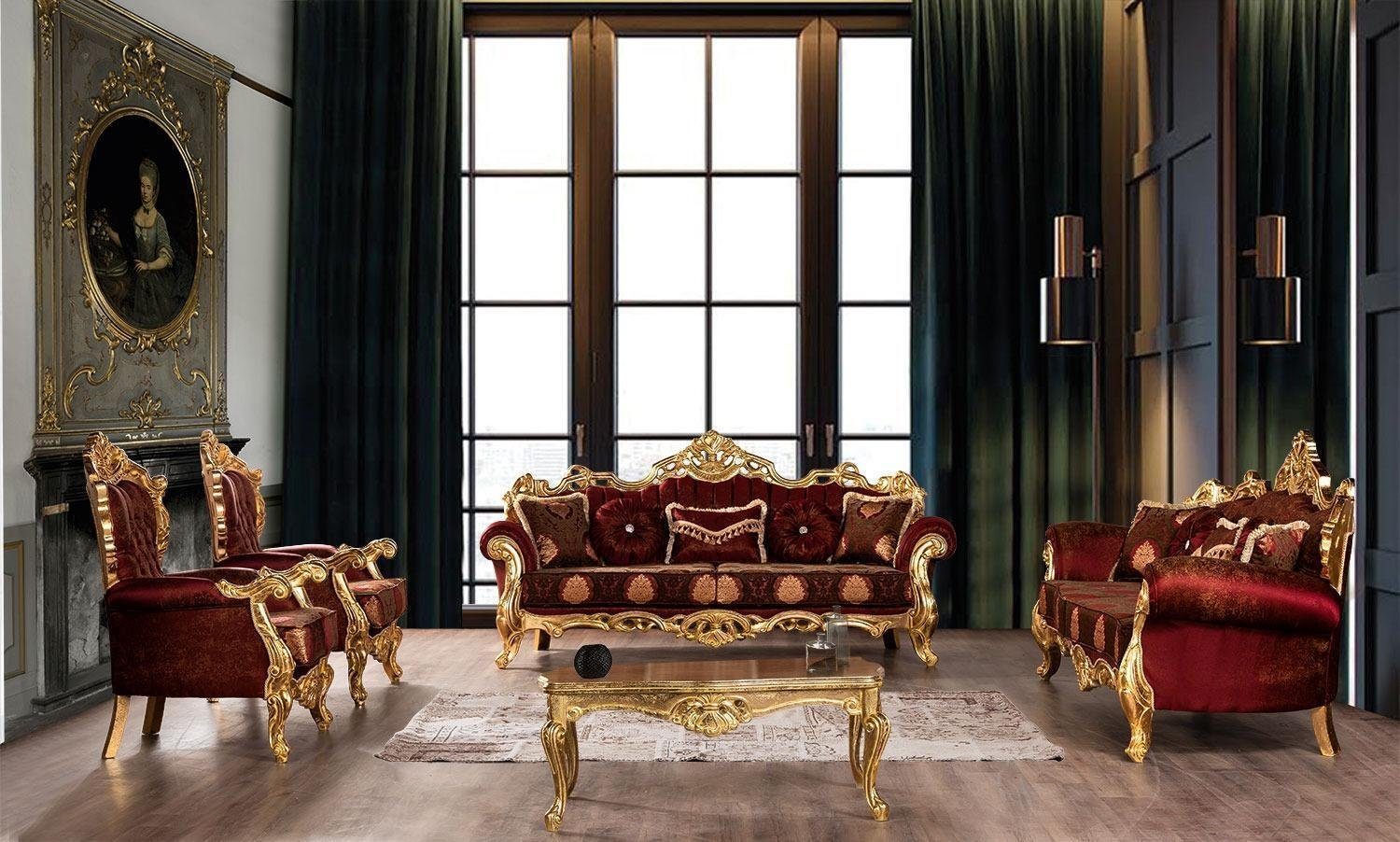 JVmoebel Wohnzimmer-Set Sofagarnitur Bordeaux Rote Couch Möbel (5-St) Gold Tisch Klassische 5tlg