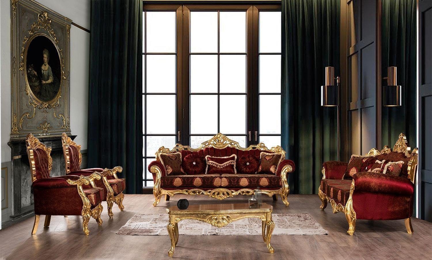 JVmoebel Wohnzimmer-Set Bordeaux Rote Sofagarnitur Couch Gold Klassische Möbel Tisch 5tlg., (5-St)