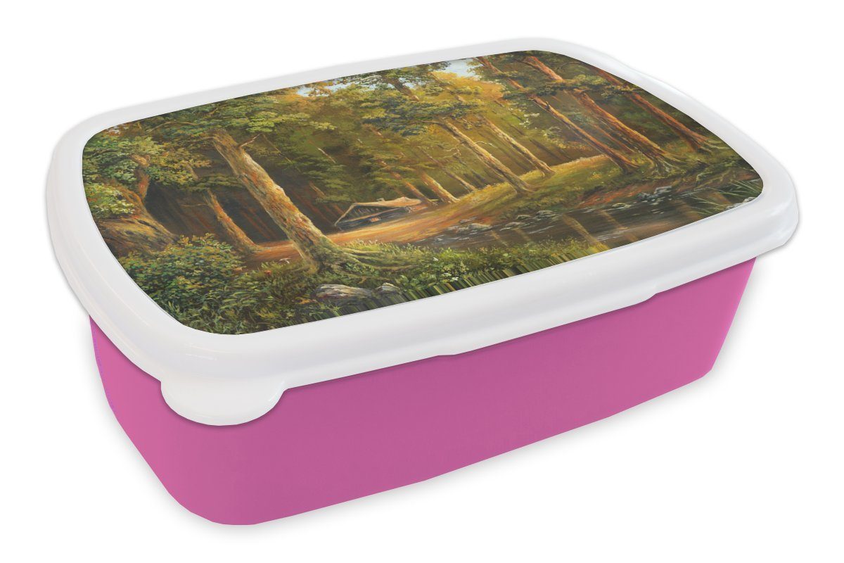 einem Eine Kinder, in Illustration rosa MuchoWow Lunchbox Wald, Snackbox, Kunststoff, Mädchen, Kunststoff Brotdose Hütte für (2-tlg), einer Brotbox Erwachsene,