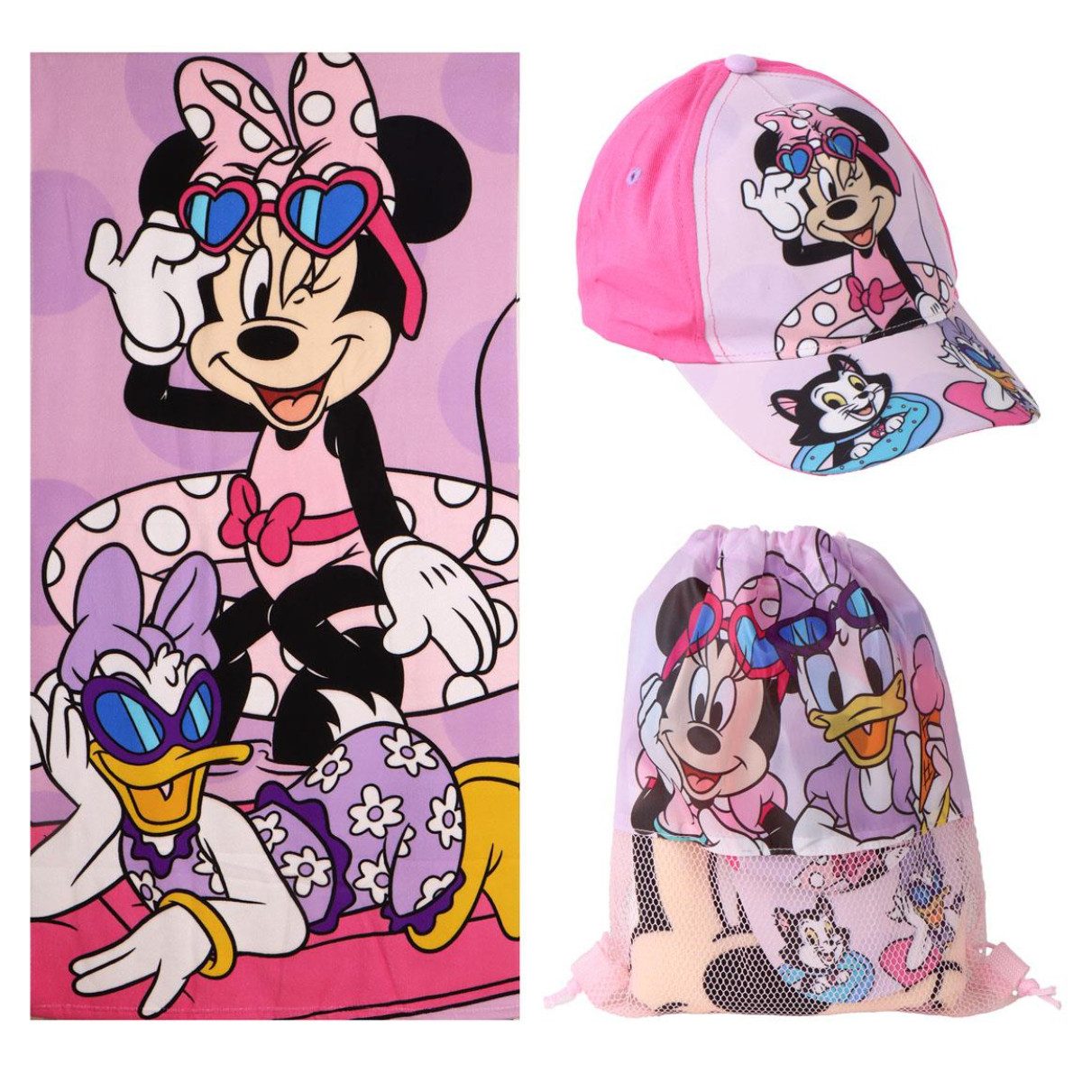 Disney Minnie Mouse Strandtuch Strand Set Kinder Badetuch 70 × 140 cm Cap Turnbeutel