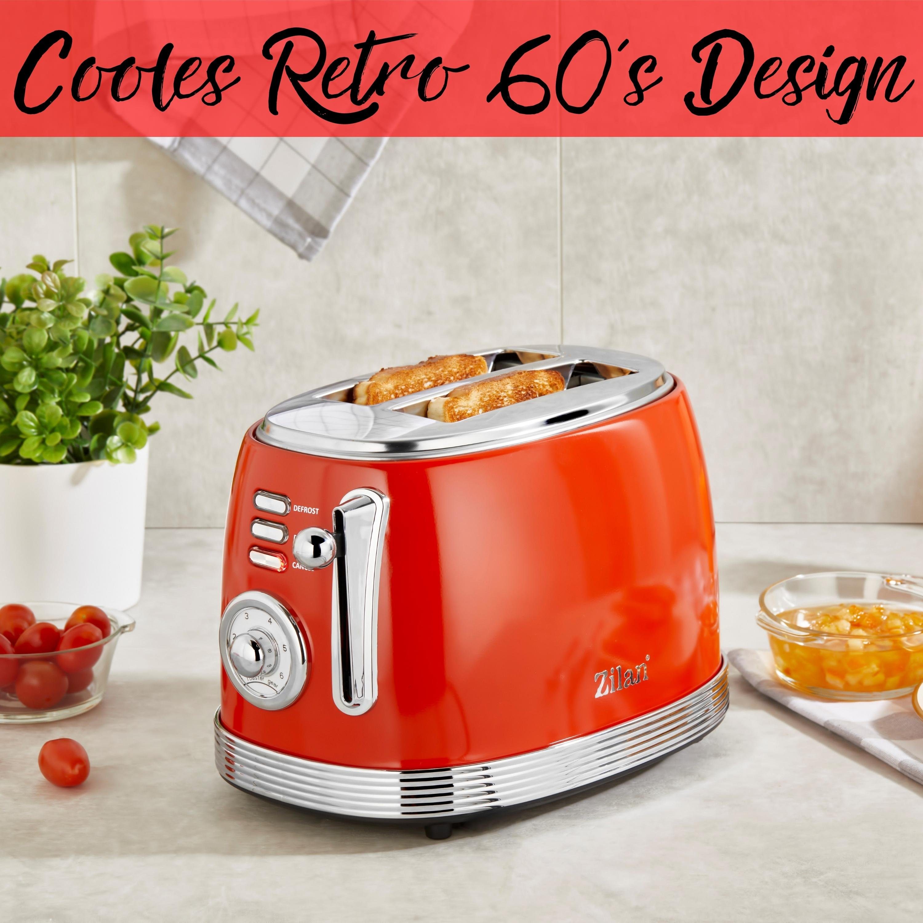Zilan Toaster ZLN-7040, 2 Schlitze, für 4 Scheiben, 850 W, Rotes Retro-Gehäuse, mit Krümelschublade und Anti-Rutsch-Füßen