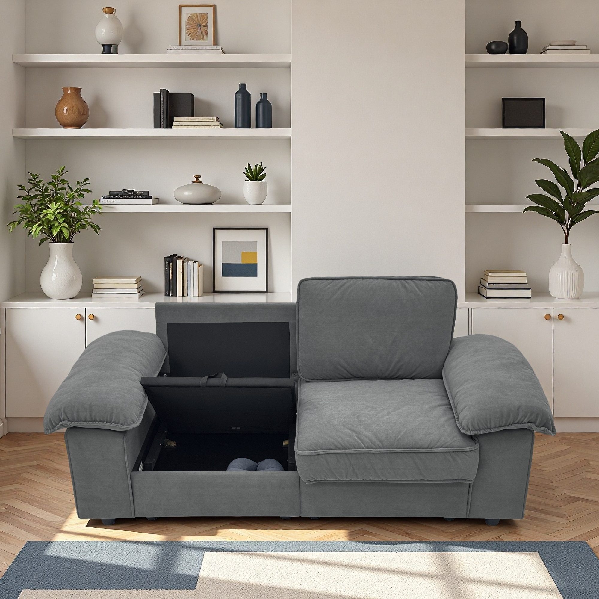 REDOM Schlafsofa 2-Sitzer Sofa mit weichem Kurzplüsch & Stauraum, Ideal für ein gemütliches und aufgeräumtes Wohnzimmer 1 Teile, 136x61 cm, mit stabilem Holzrahmen für langlebigen Komfort