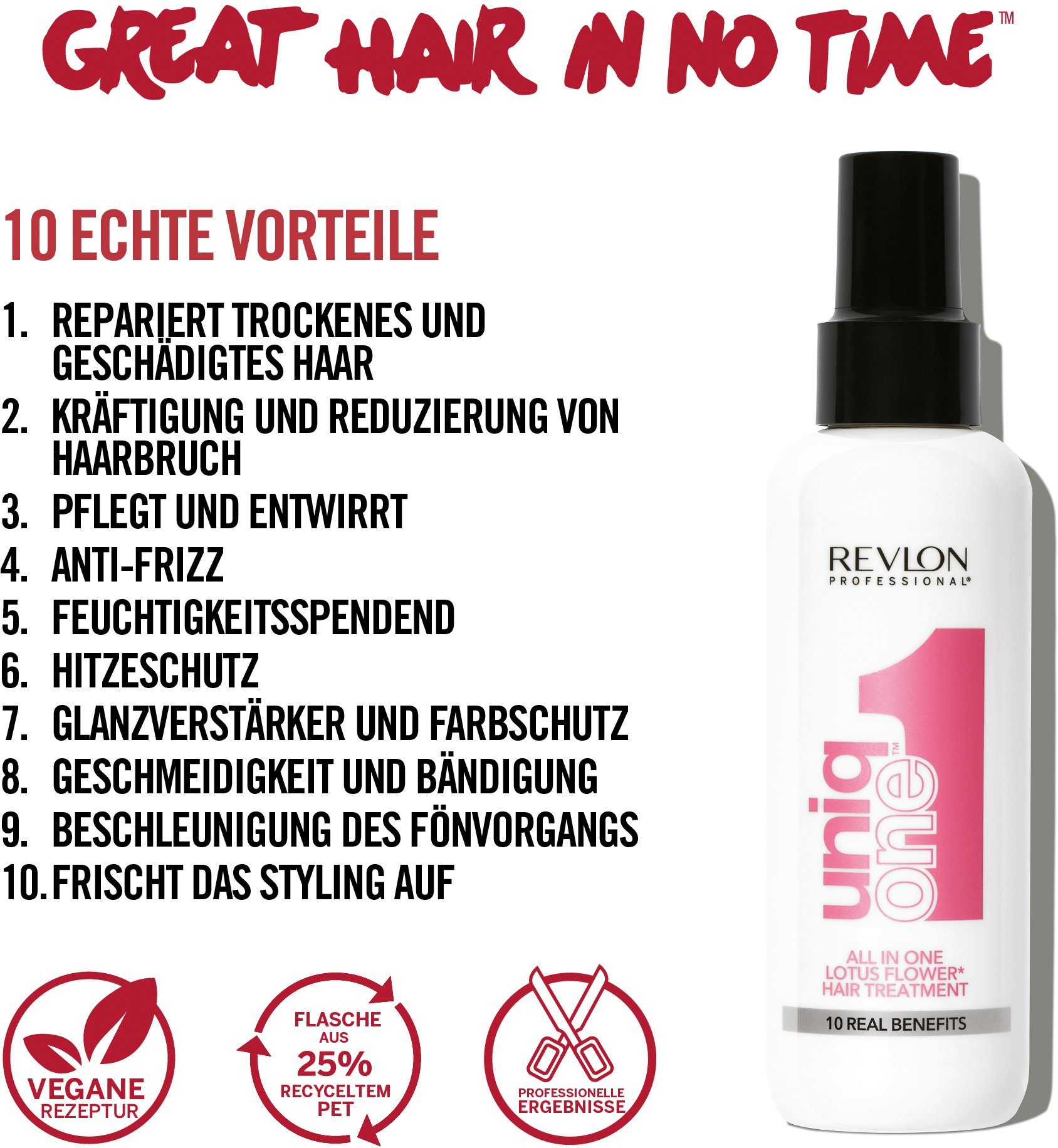 REVLON PROFESSIONAL Leave-in Pflege UNIQONE HAIR TREATMENT LOTUS FLOWER FRAGRANCE, Sprühkur mit zehn Vorteilen für trockenes und strapaziertes Haar.