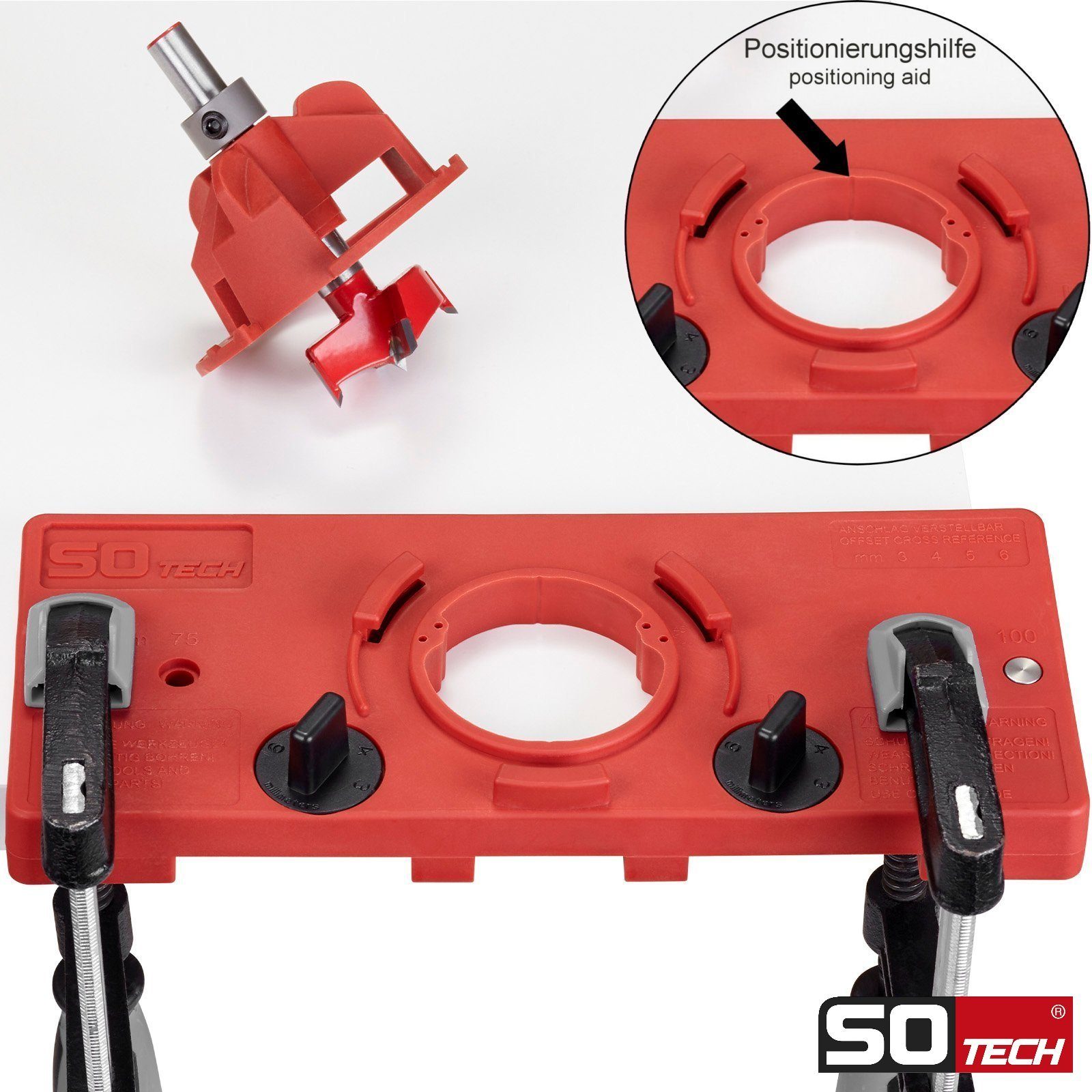 SO-TECH® Möbelbeschlag Bohrschablone BSK-35-T45 / T52 für Topfband Scharnier (1 St), mit Forstnerbohrer Ø 35 mm für Topfscharniere