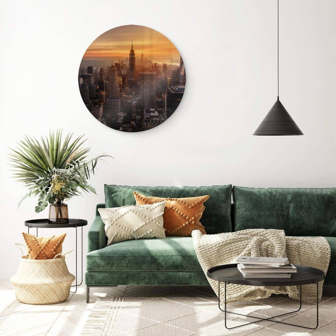 K&L Wall Art Glasbild Glas Wandbild Rund Glasbild Ruiz Dueso New York Sonnenuntergang, Wandschutz Deko Bilder