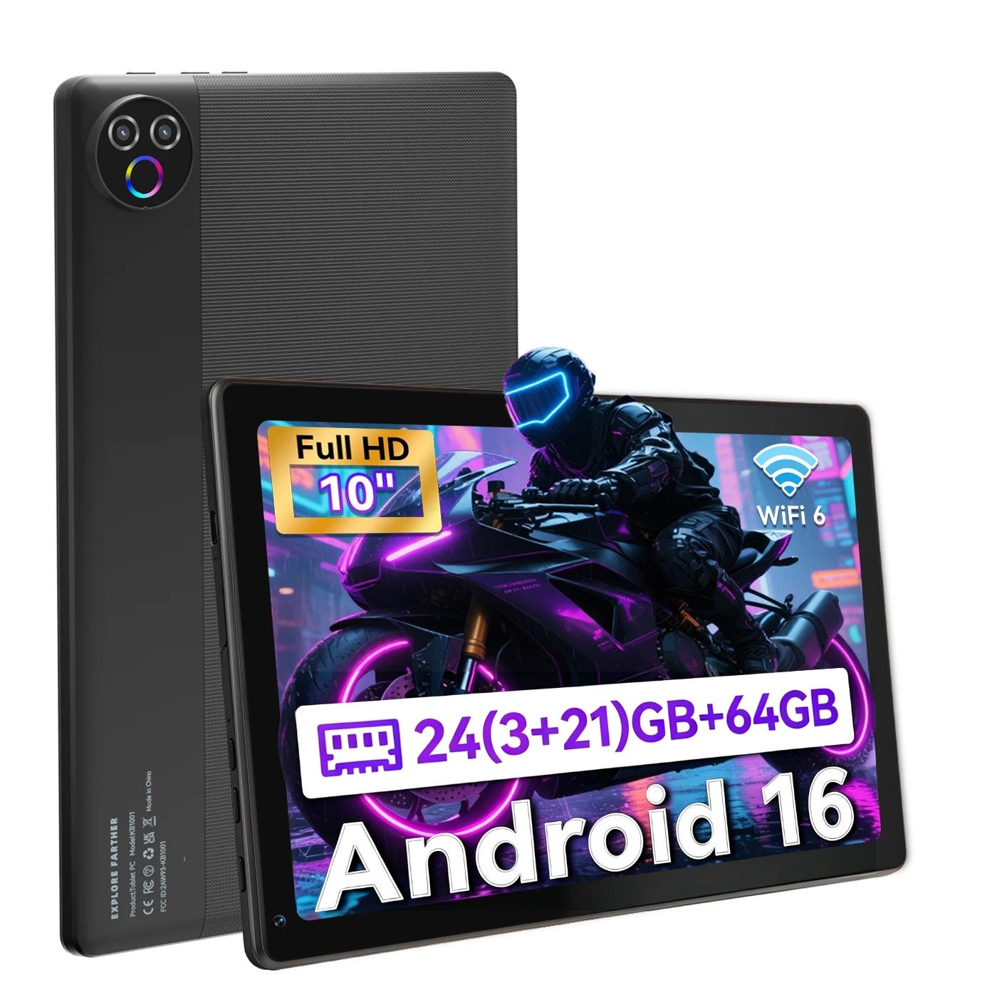 BUFO 10,1 Zoll, 20/24GB+64GB+1TB erweiterbar, Android 15/16, HD 1280x800 Tablet (10,1", 64 GB, Android 16, WiFi 6, Bluetooth 5.4, 5-Kern, 24(3+21)GB RAM)