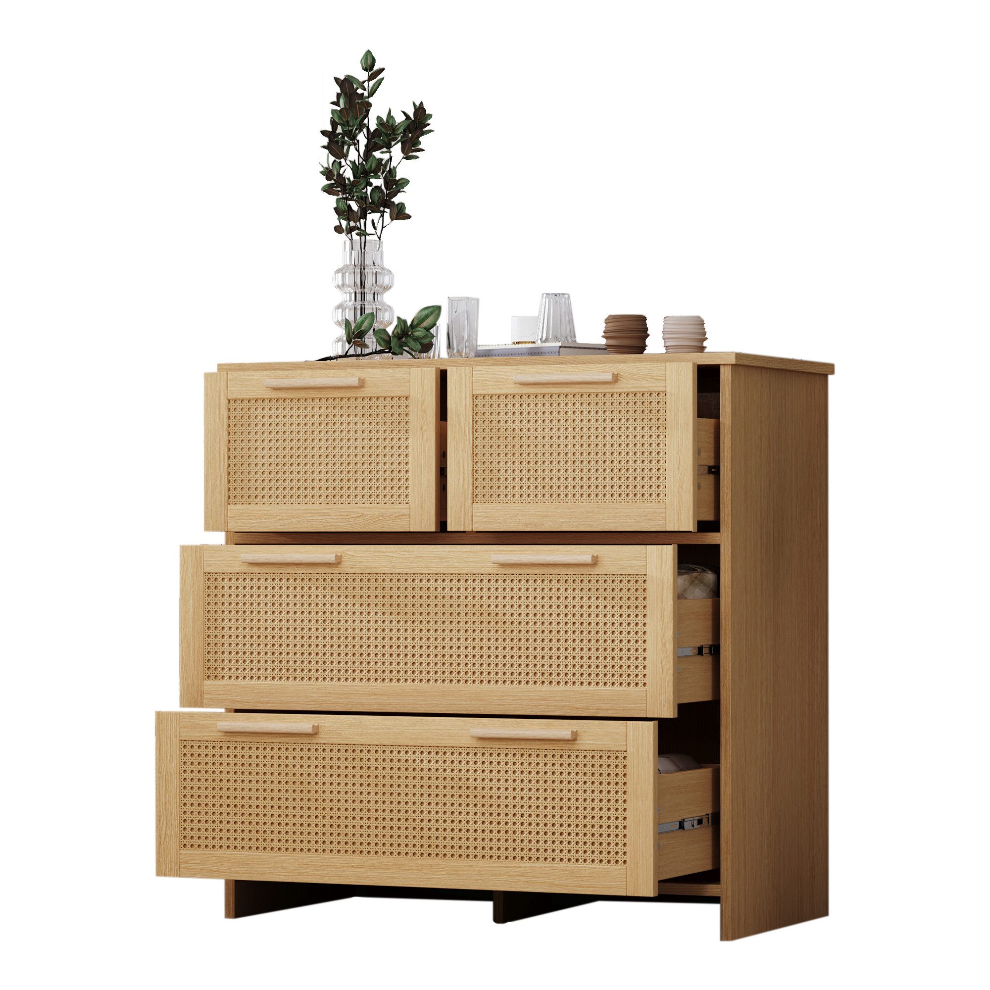 OKWISH Sideboard Rattanschrank (Sideboard mit 4-Schubladen und Massivholzgriffen), Maße: B80/H80/T38 cm