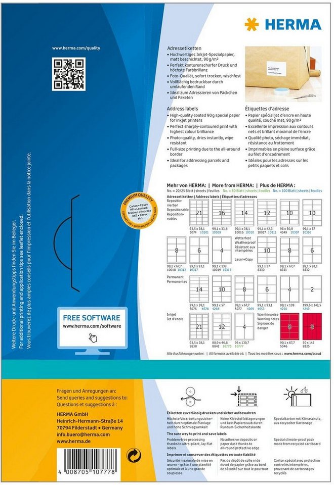 Thumbnail - HERMA Etiketten Inkjet-Etiketten weiß 96x139,7mm Special A4 VE=320 Stück