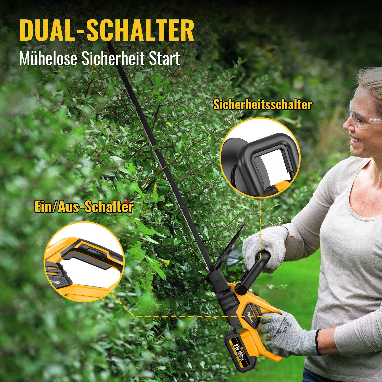 CONENTOOL Akku-Heckenschere LLJ003, 21V, 1000W Kupfermotor, (Set, Inkl. 2×4,0Ah Akkus und Schnellladegerät), 56 cm Schnittlänge, 2×4,0Ah Akku, Rostfreie Klinge, Heckenschneider