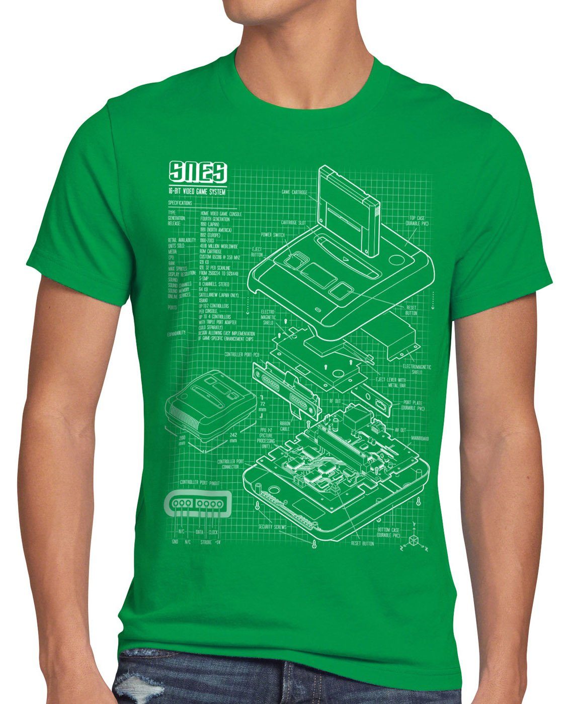 Videospiel grün Print-Shirt 16-Bit T-Shirt SNES Blaupause style3 Herren