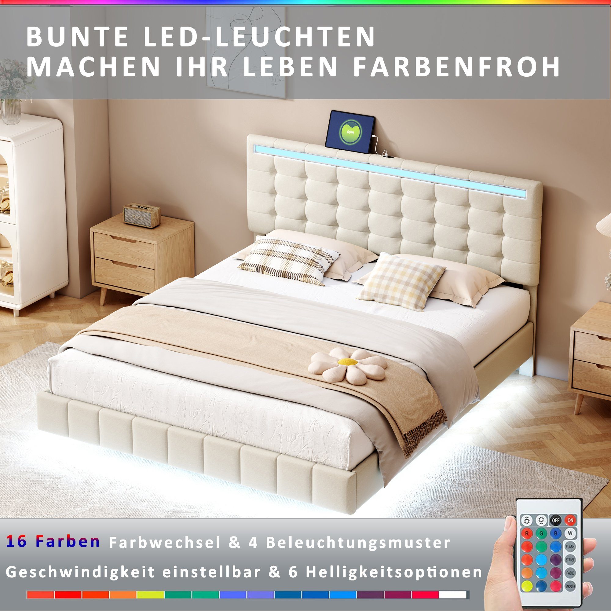 Polsterbett (LED Doppelbett), mit USB Ladefunktion und höhenverstellbarem Kopfteil 160x200cm, Leinen