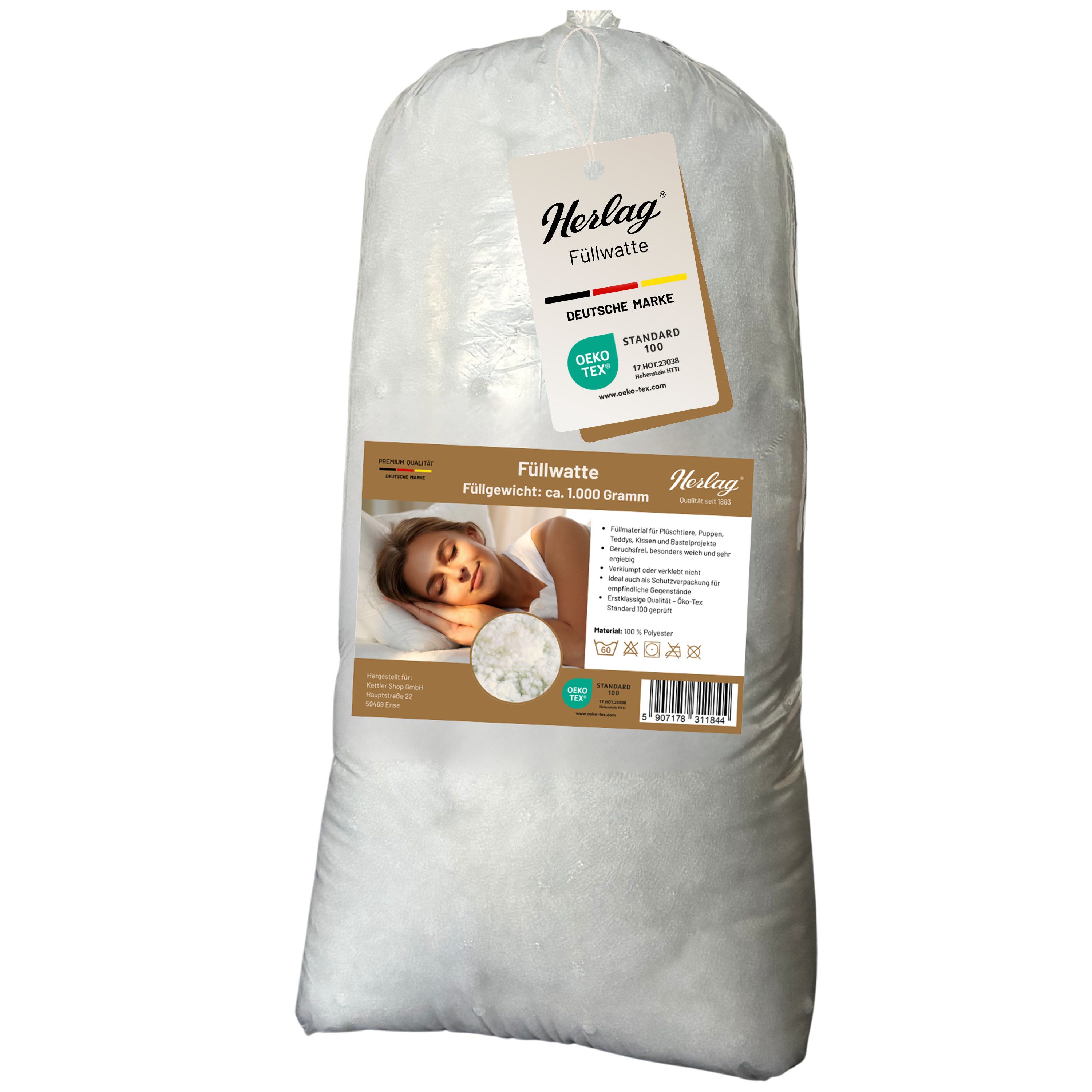 Herlag Kissenfüllung Füllwatte 1.000 g – Waschbar bis 60 °C, für Kuscheltiere und Kissen, 100 % Polyester