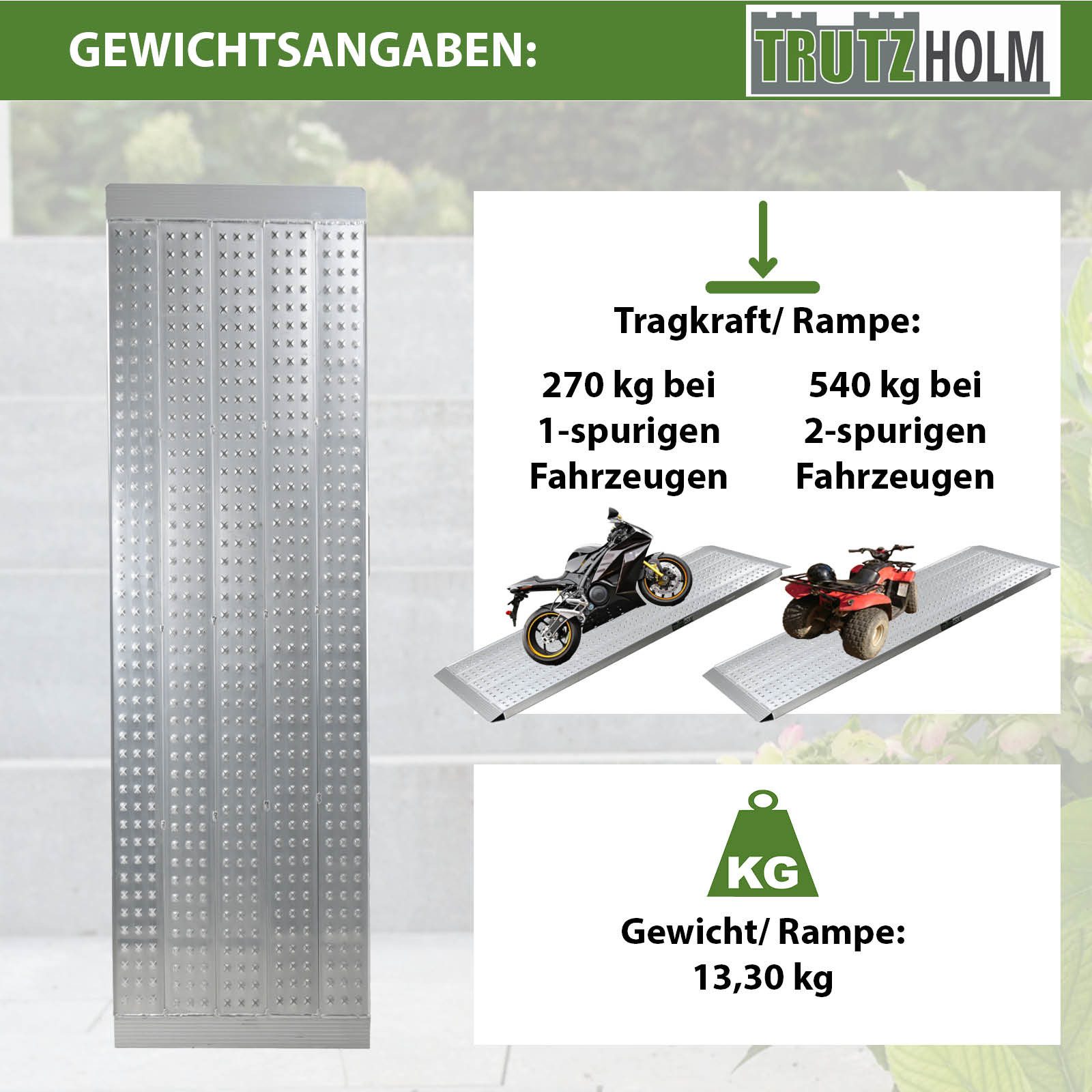 TRUTZHOLM Auffahrrampe leichte Ausführung 200x70 cm Traglast 270kg Alu grau Verladerampe (1-St), profiliert