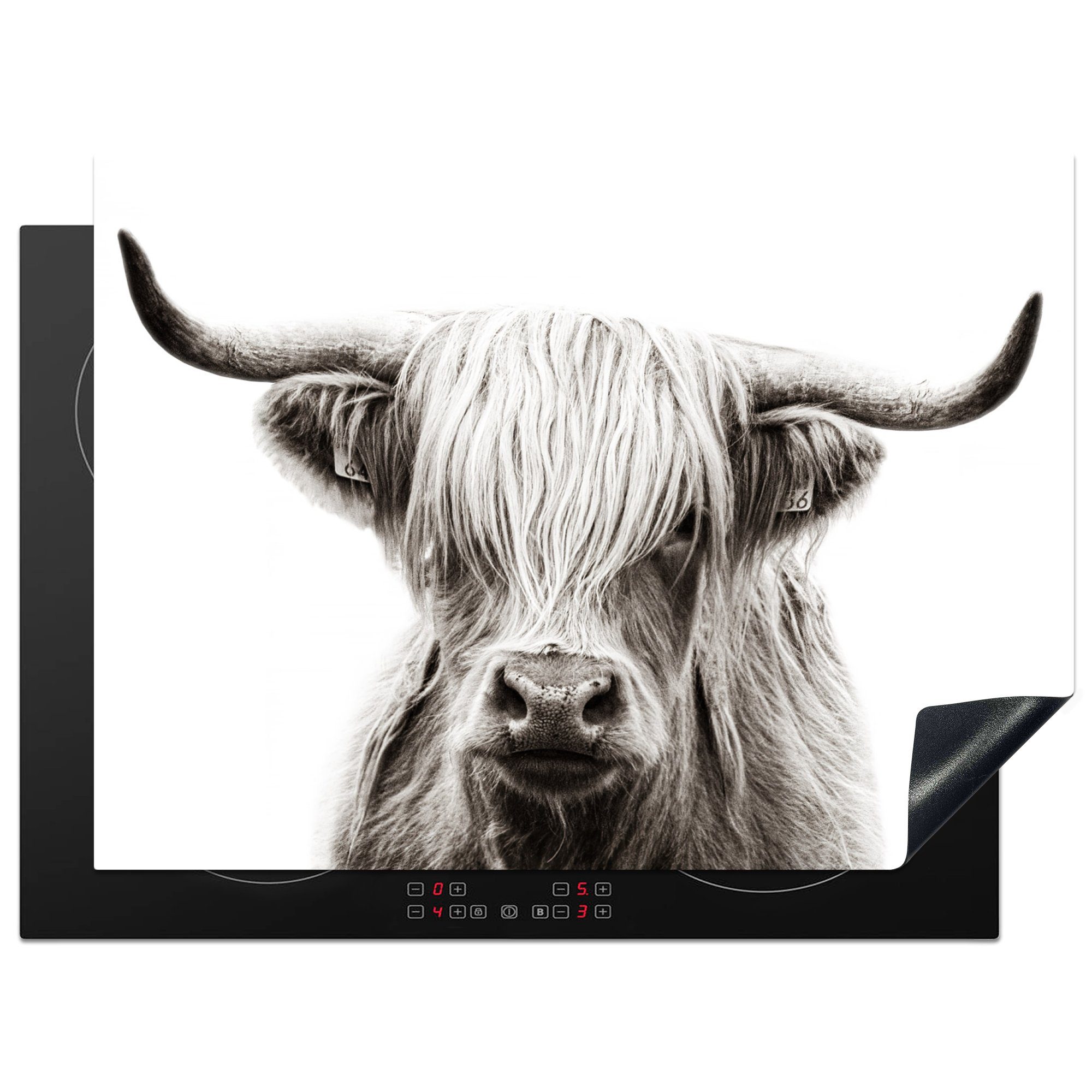 MuchoWow Herdblende-/Abdeckplatte Schottischer Highlander - Tiere - Schwarz - Weiß, Vinyl, (1 tlg), 71x52 cm, Induktionskochfeld Schutz für die küche, Ceranfeldabdeckung