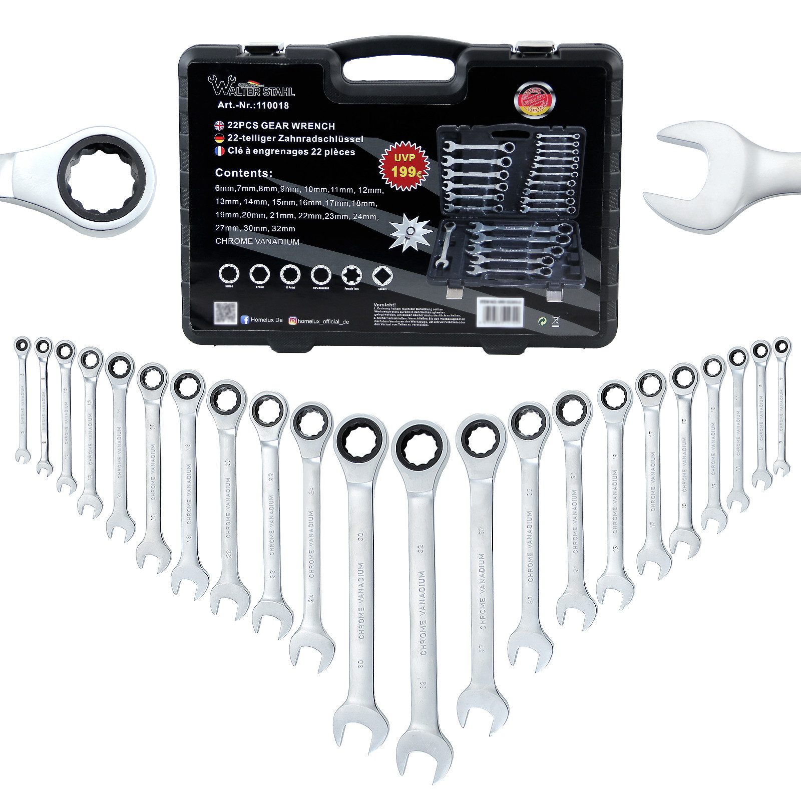 Walter Stahl Germany control Ringschlüssel 22-tlg. Ratschenschlüssel-Sets, 6-32mm (Set, 22 St., 22-teiliger Ratschenschlüssel-Sets), 72-Zahn-Zahnradantrieb, 5°Schwenkbereich