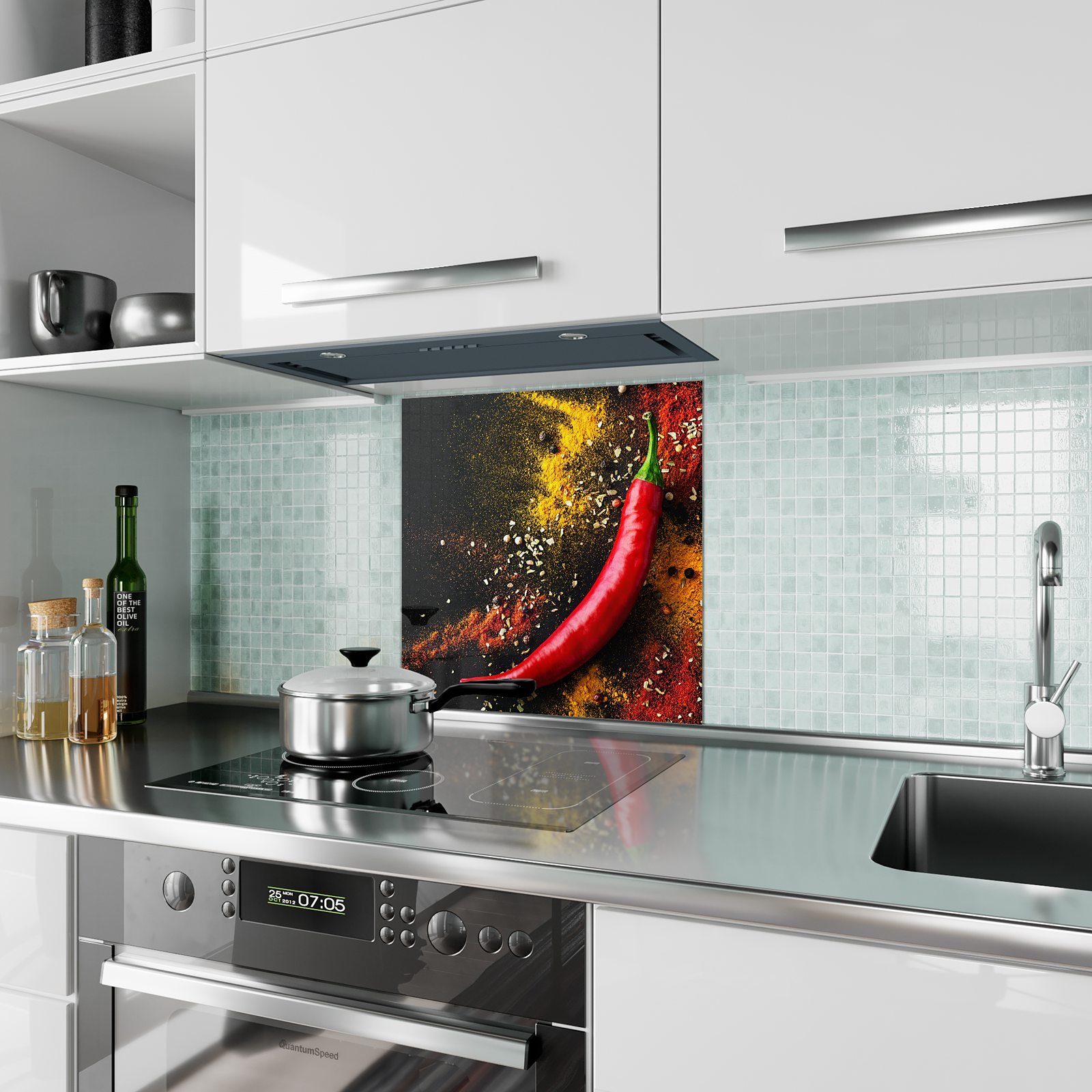 Küchenrückwand Motiv mit Primedeco Spritzschutz Pulver und Glas Chilischote Küchenrückwand
