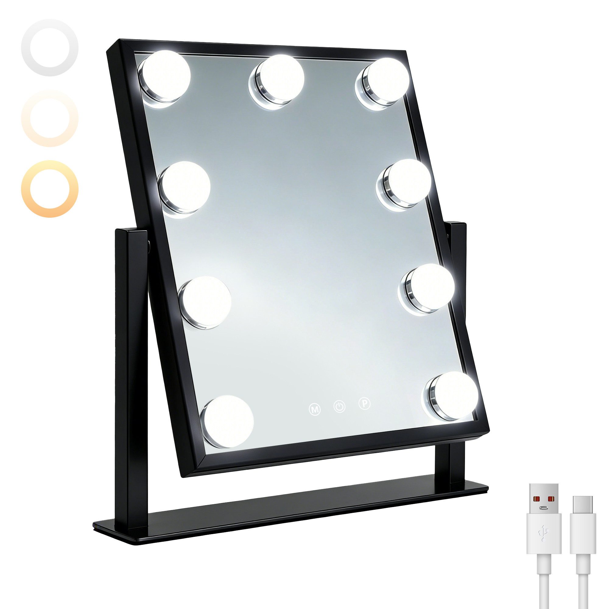 skelo Schminkspiegel mit Beleuchtung Hollywood Spiegel 33,5 x 30,5 cm, 9 LED Lampen (1-St., USB-betrieben (kein Akku enthalten), 360° Drehbar Kosmetikspiegel mit 3 Lichtfarben, Touch-Steuerung