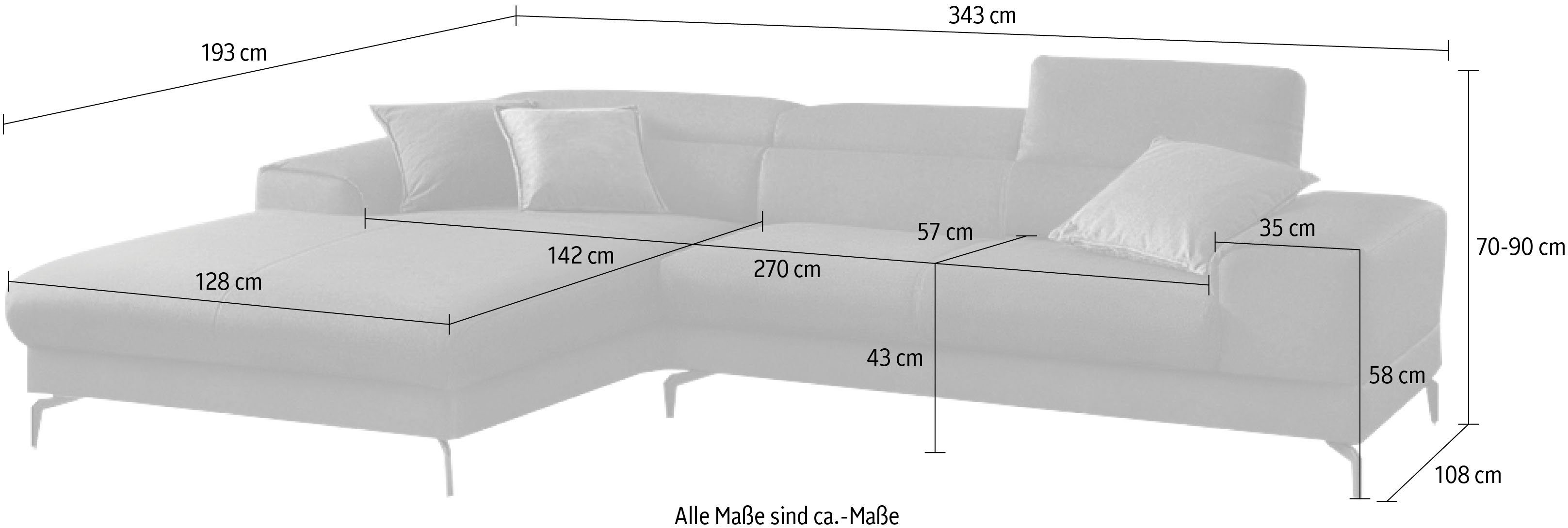 W.SCHILLIG Ecksofa piedroo, Designsofa mit tollem Sitzkomfort, bequem und elegant, L-Form, Kopfteilverstellung, wahlweise mit Sitztiefenverstellung, Breite 343cm