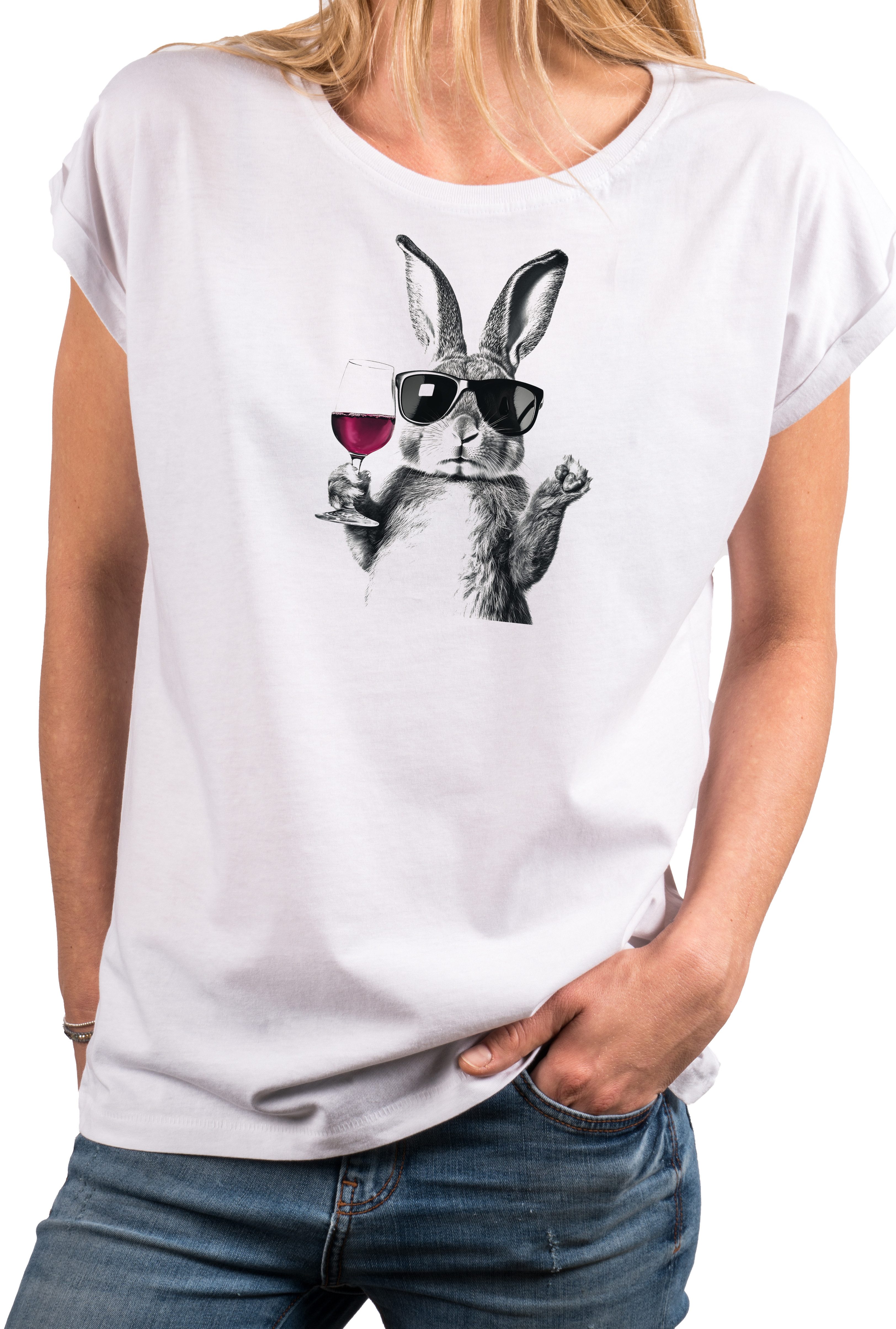 MAKAYA T-Shirt Damen Shirt mit Hase, Weinglas & Sonnenbrille – witziger Print (Weiß, Rosa, Dunkelgrau, 34, 36, 38, 40, 42, 44, 46, 48, 50) Baumwolle
