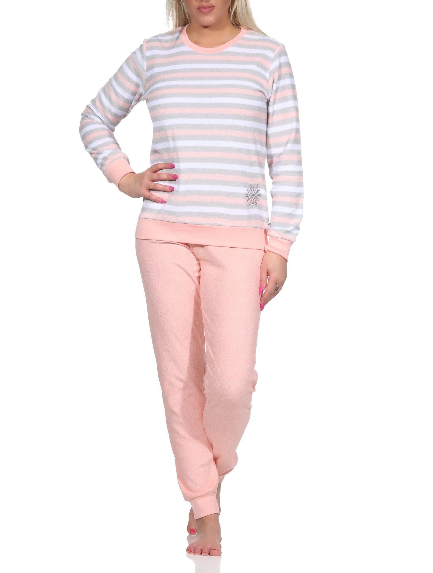 Normann Pyjama Damen Frottee Schlafanzug Pyjama in Ringel-Optik + Eiskristall-Motiv