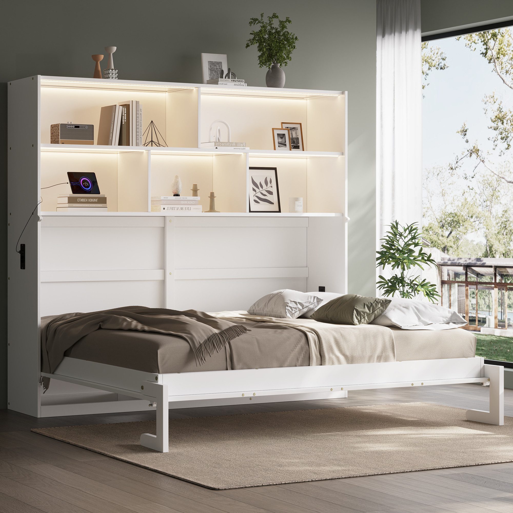 Celya Schrankbett Umwandelbares Einzelbett, Holzbett 90x200cm (ohne Matratze, mit LED-Lichtleiste, USB-Aufladen und Stauraum)