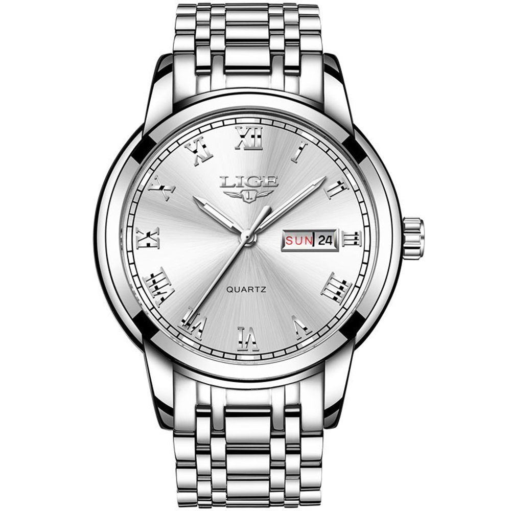 GelldG Uhr Mode Sportuhr Wasserdicht analog Quarz Uhren mit Business Uhrenarmband Silber, Weiß