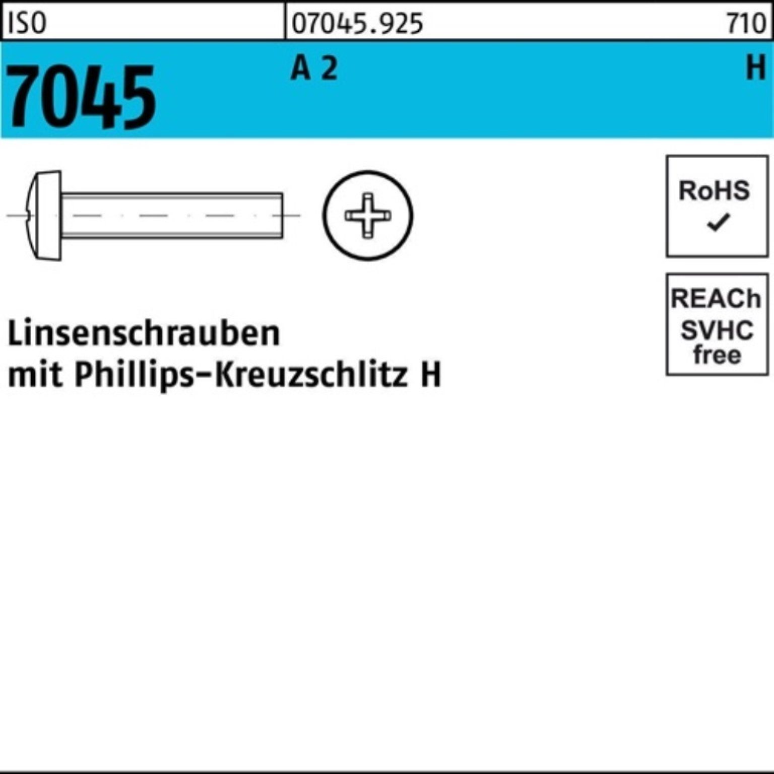 Reyher Schraube 1000er Pack Flachkopfschraube ISO 7045 PH M3x 20-H A 2 1000 Stück ISO