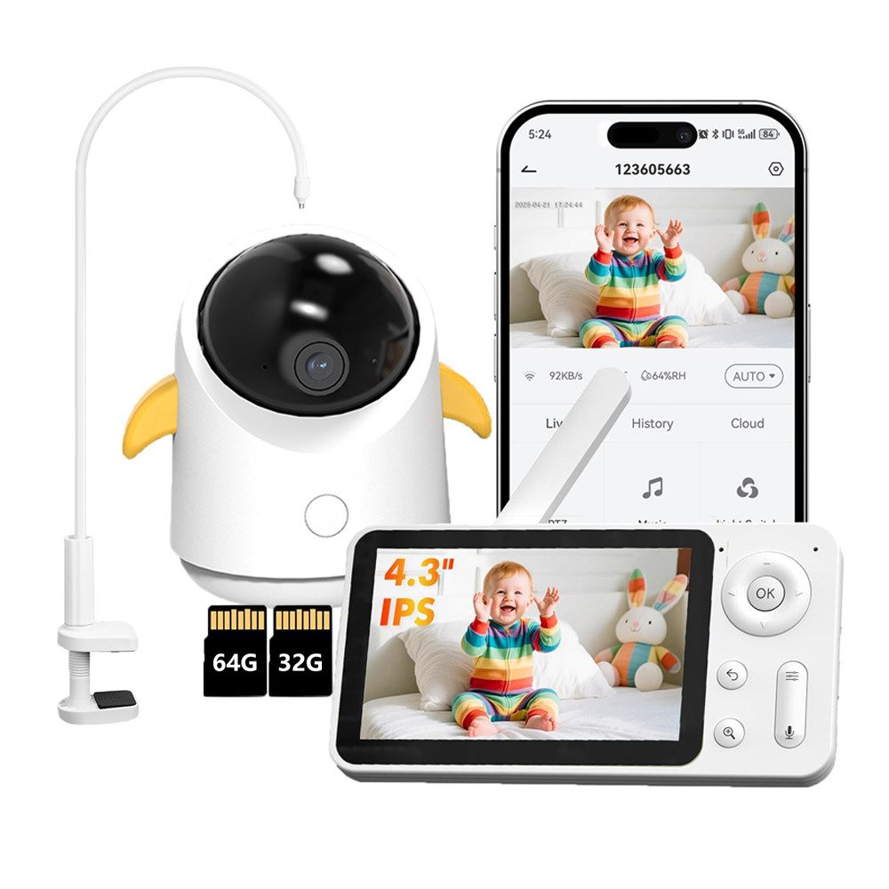 Babyphone 2MP Babyphone mit Kamera und APP 1080P/4,3 Zoll mit Speicher Karte