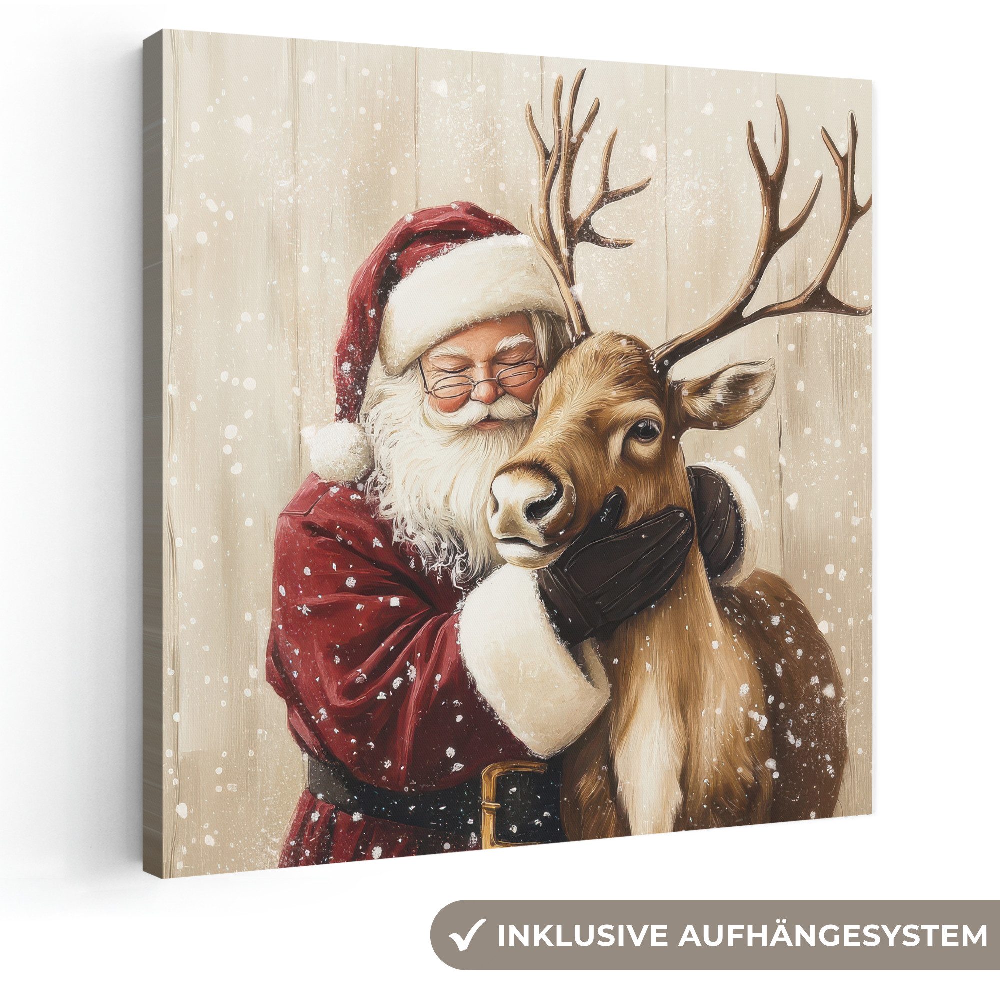 OneMillionCanvasses® Leinwandbild Weihnachtsmann - Rentier - Schnee - Bunt, Fotodruck (1 St), Wandbild, Deko Schlafzimmer Wohnzimmer Flur 20x20 cm