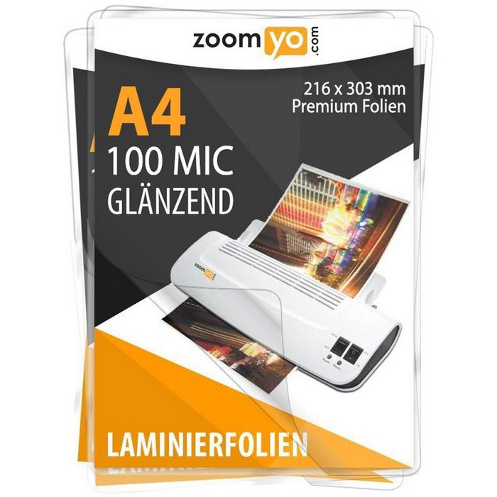Zoomyo Schutzfolie Laminierfolien DIN A4 100 Stück glänzend 2 x 100 Micrometer für alle handelsüblichen Laminiergeräte wie Laminator Olympia