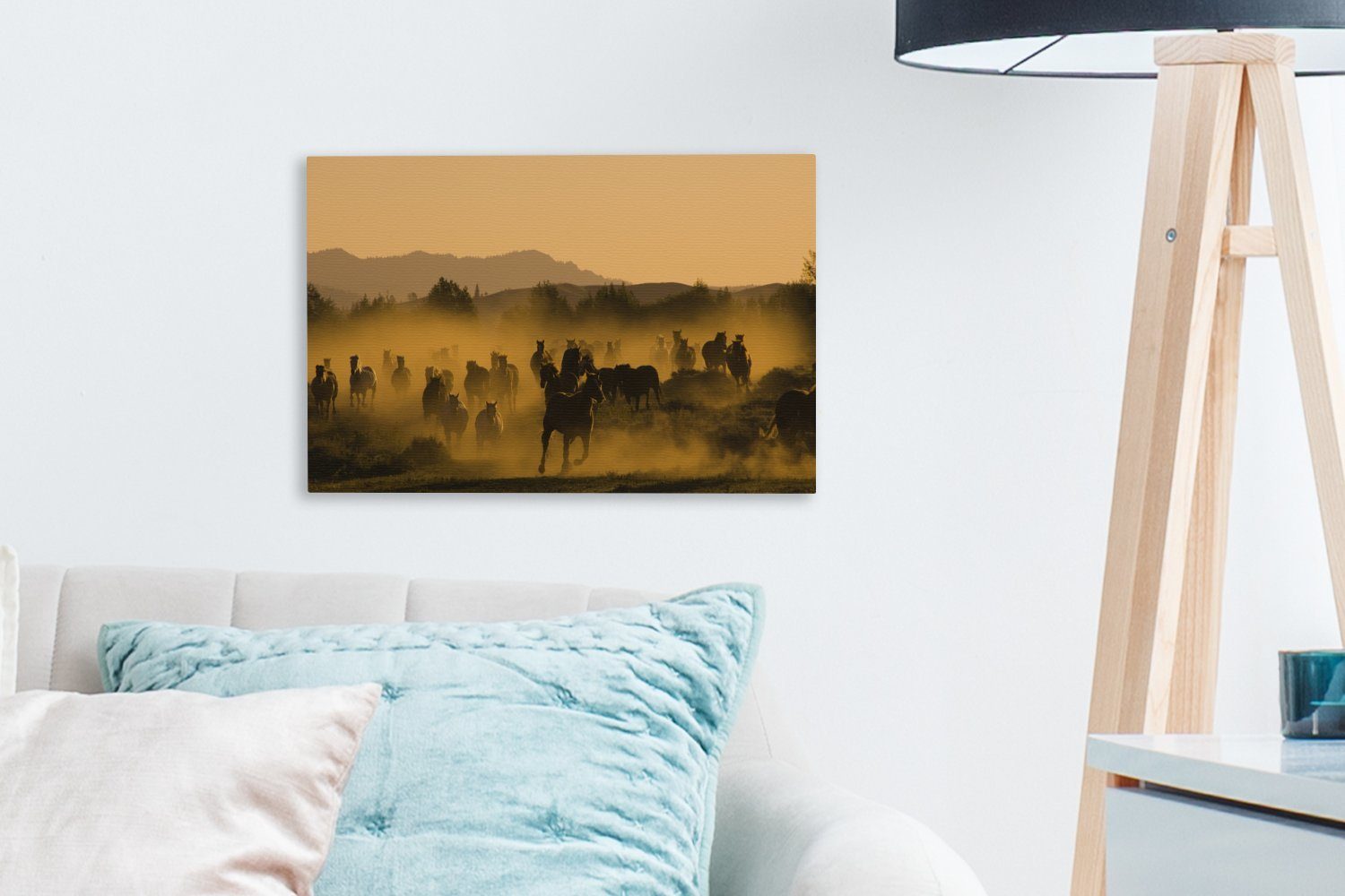 OneMillionCanvasses® Orange, Aufhängefertig, 30x20 St), Pferde Wanddeko, Nebel Leinwandbild (1 - Leinwandbilder, cm - Wandbild