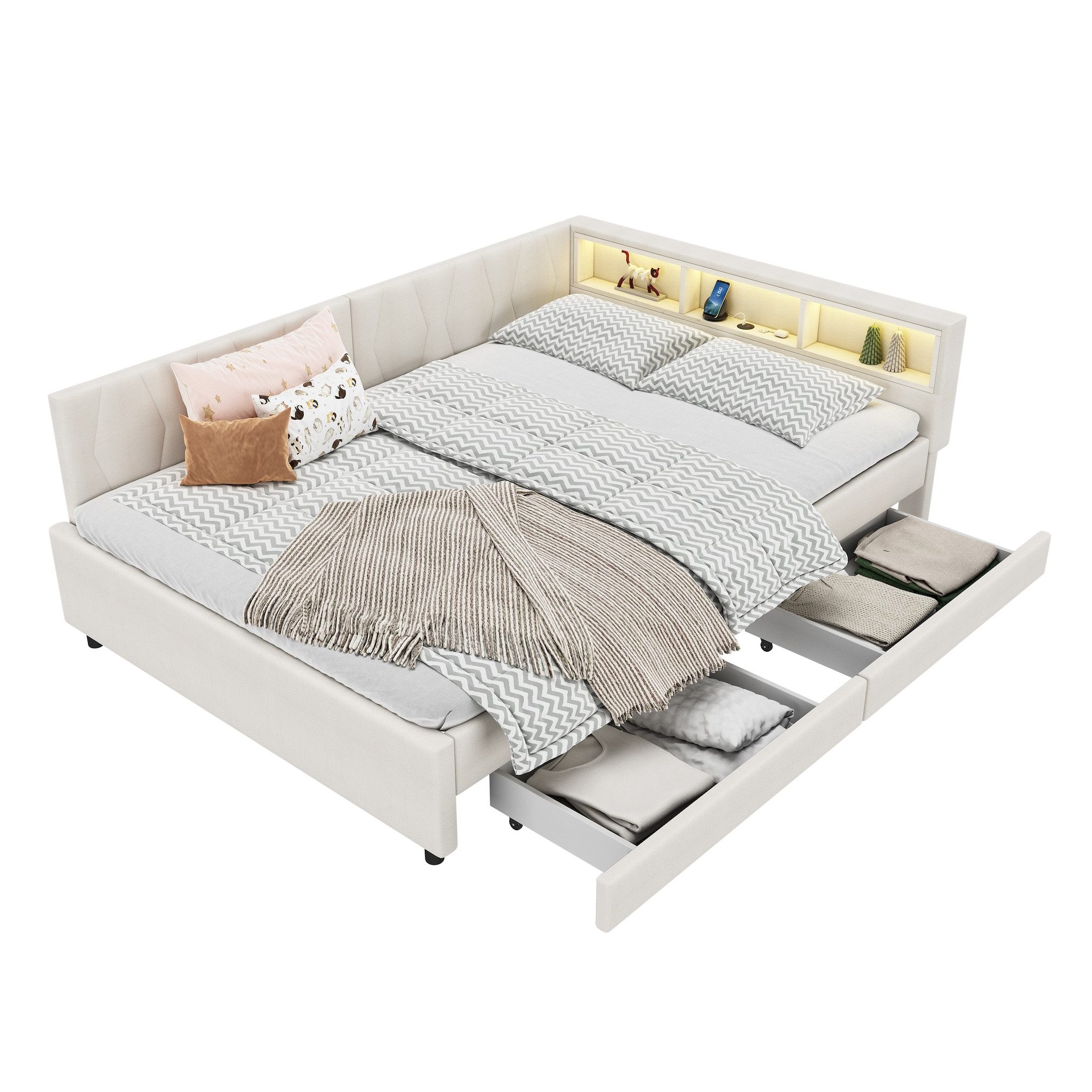SOFTWEARY Stauraumbett Schlafsofa mit LED-Beleuchtung und Schubladen (140x200cm, mit Lattenrost und USB/Typ-C Anschlüssen), Polsterbett, Doppelbett, Leinen