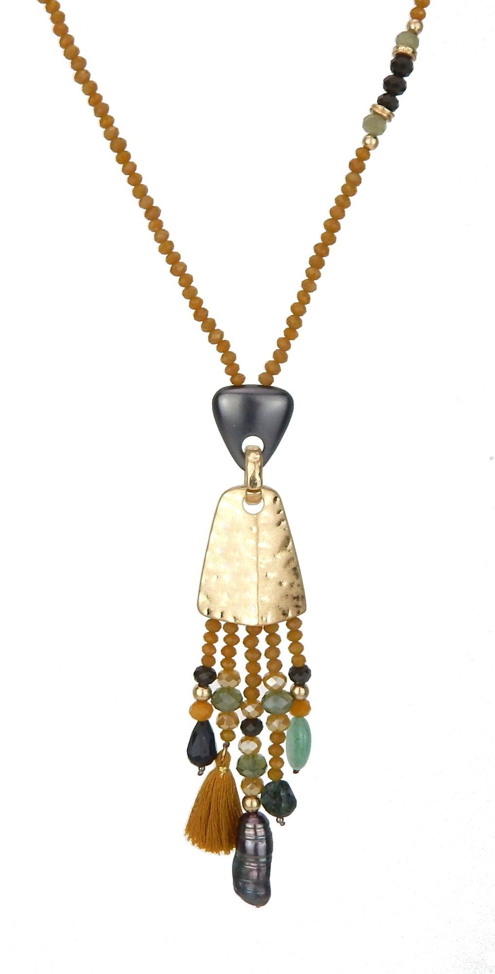 Ella Jonte Lange Kette, handgefertigt, Boho Ibiza mit dekorativem Anhänger & Quaste