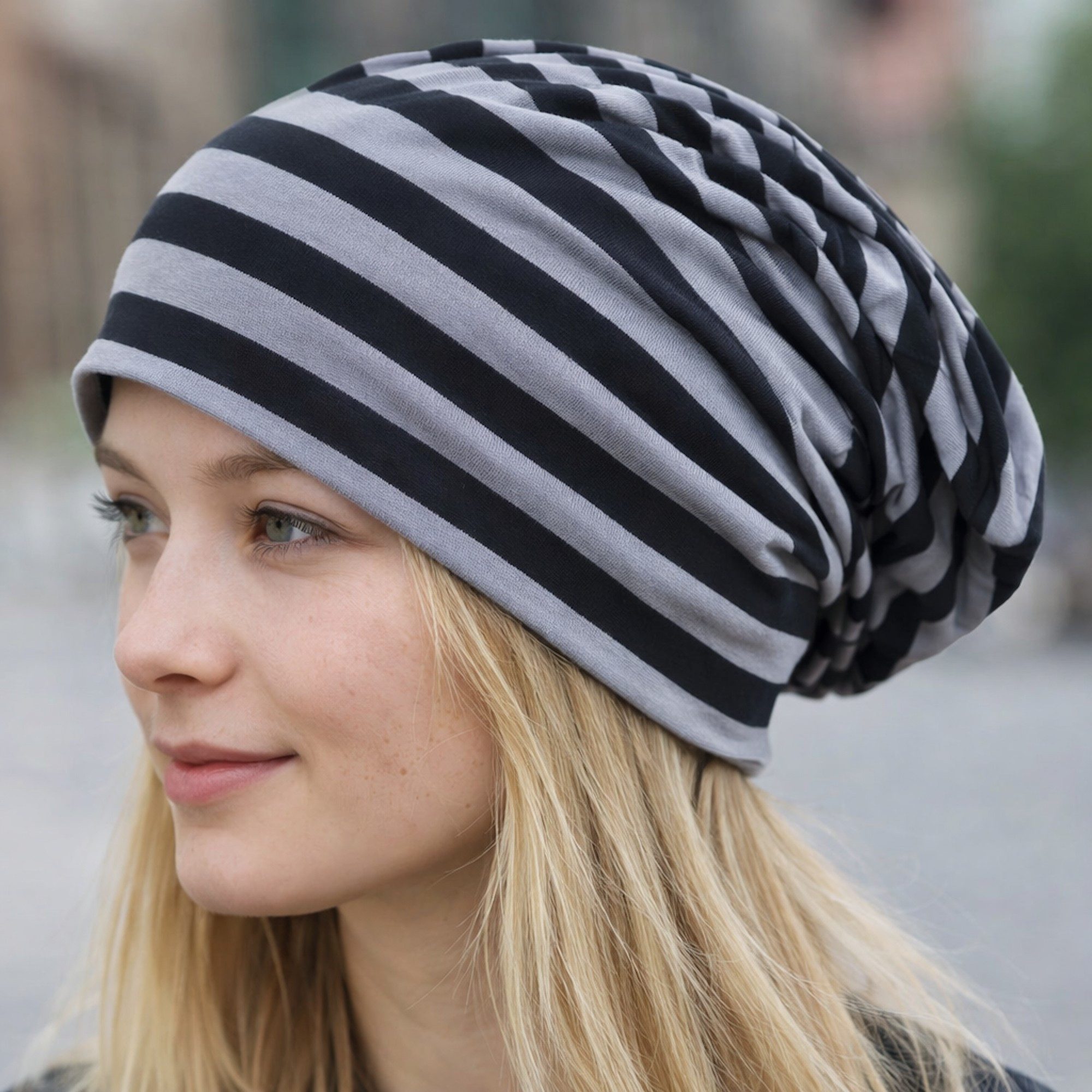 Ella Jonte Beanie leichter Long Beanie Stripe Mütze Grau Schwarz