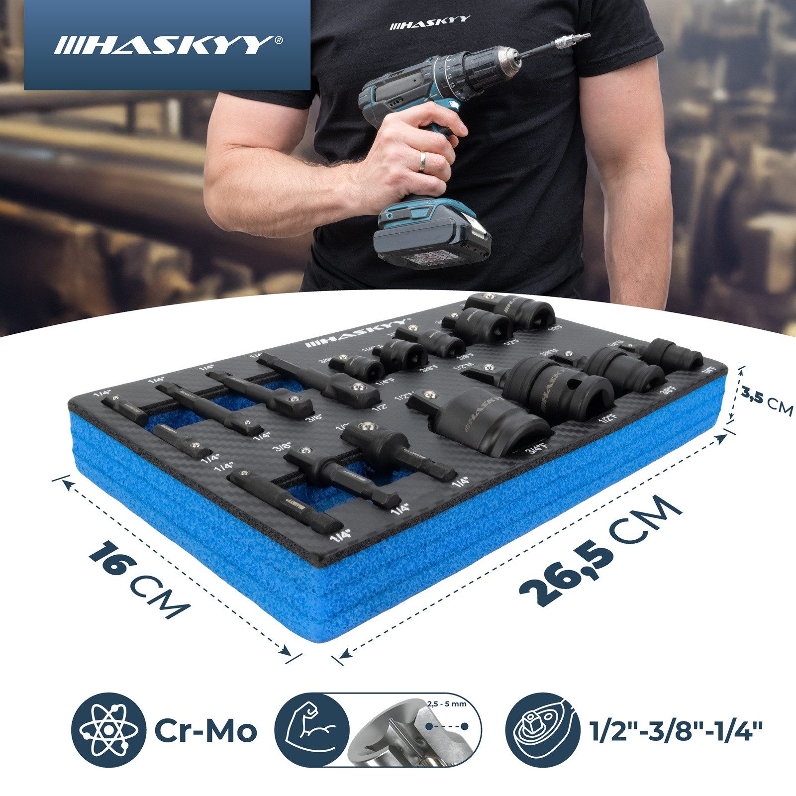 HASKYY Stecknuss 17 tlg. Steck-Nuss-Adapter-Satz für Schlagnuss 1/4" 3/8" 1/2" 3/4"