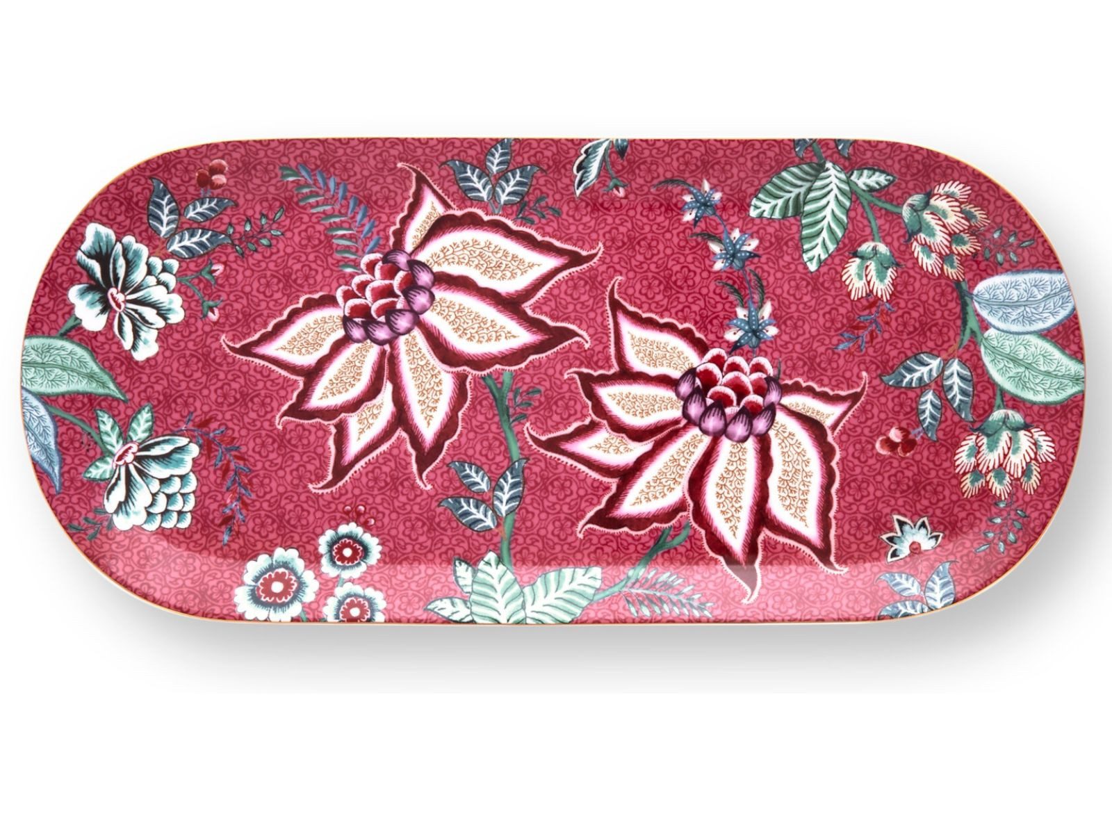 PiP Studio Servierplatte Flower Festival Kuchenplatte dark pink 33,3 cm, Porzellan, (Platten), Cake Tray Rectangular Flower Festival Dark Pink 33.3x15.5cm