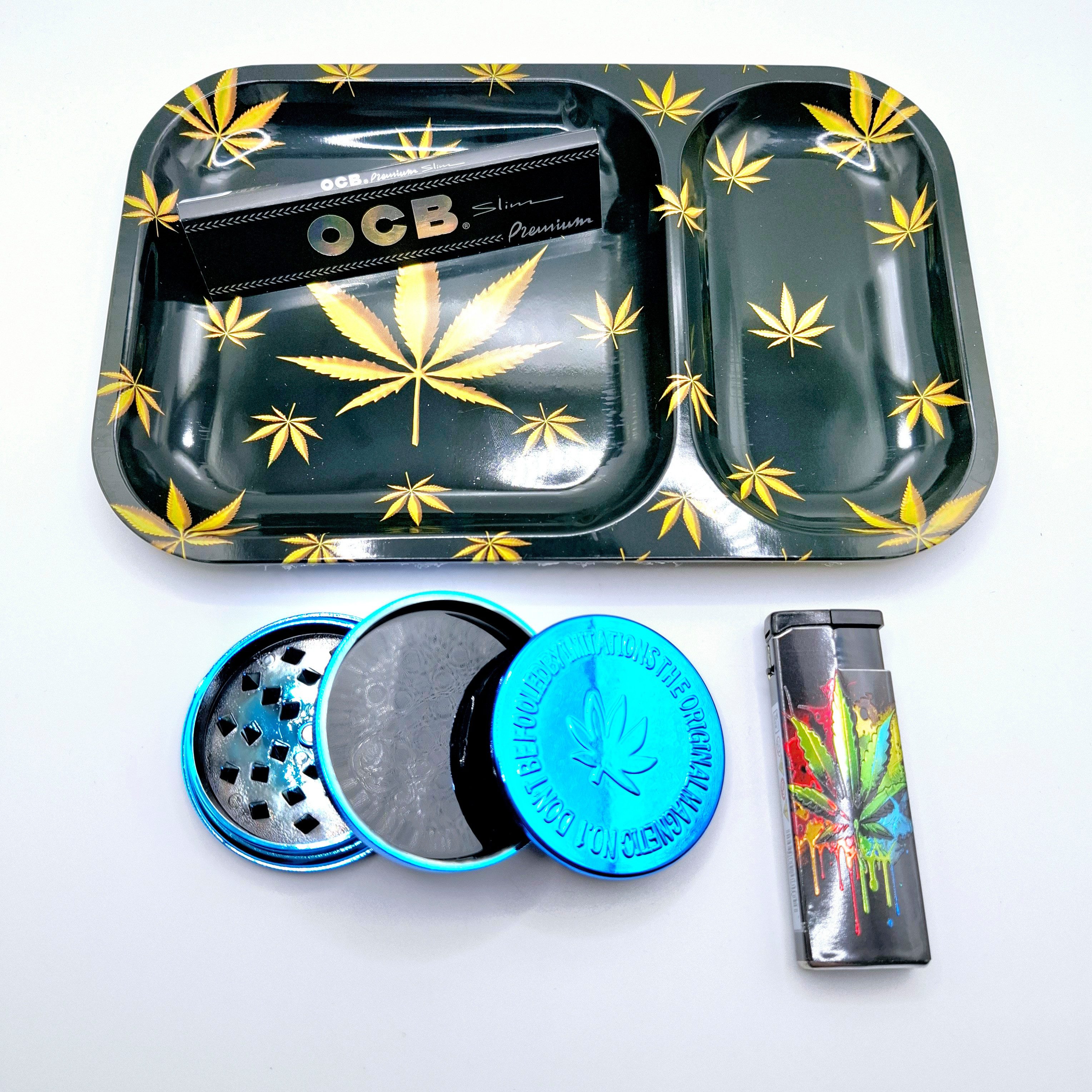 meytrade Tablett Rolling Tray Rolltablett + Grinder + OCB Blättchen im Set + Feuerzeug, (4-tlg), 4 teiliges Set in schwarz gold