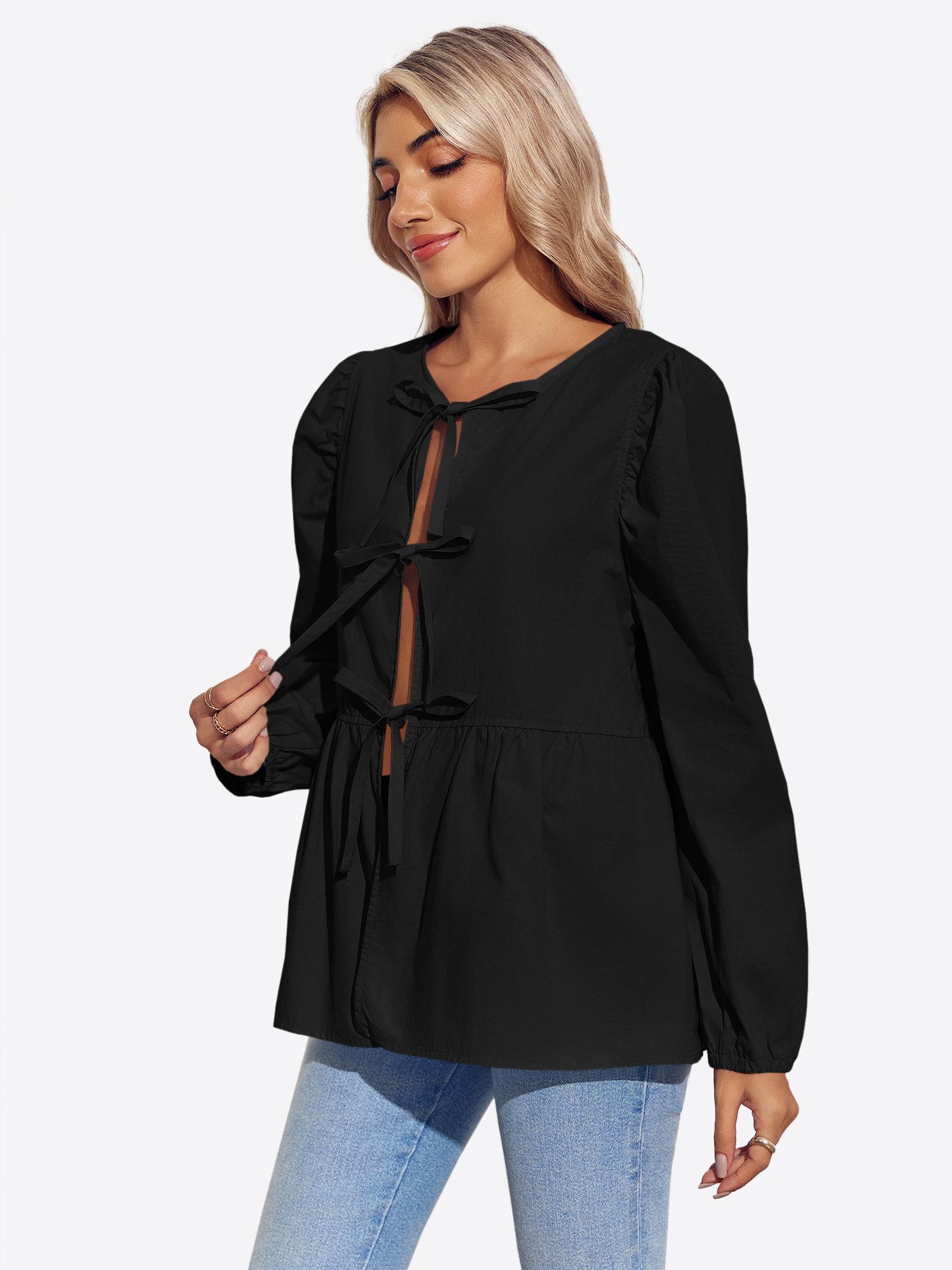 Imily Bela Blusenshirt Damen Blasenärmel Krawatte Hemd (Packung, 1-tlg., 1per-Pack) Schleife