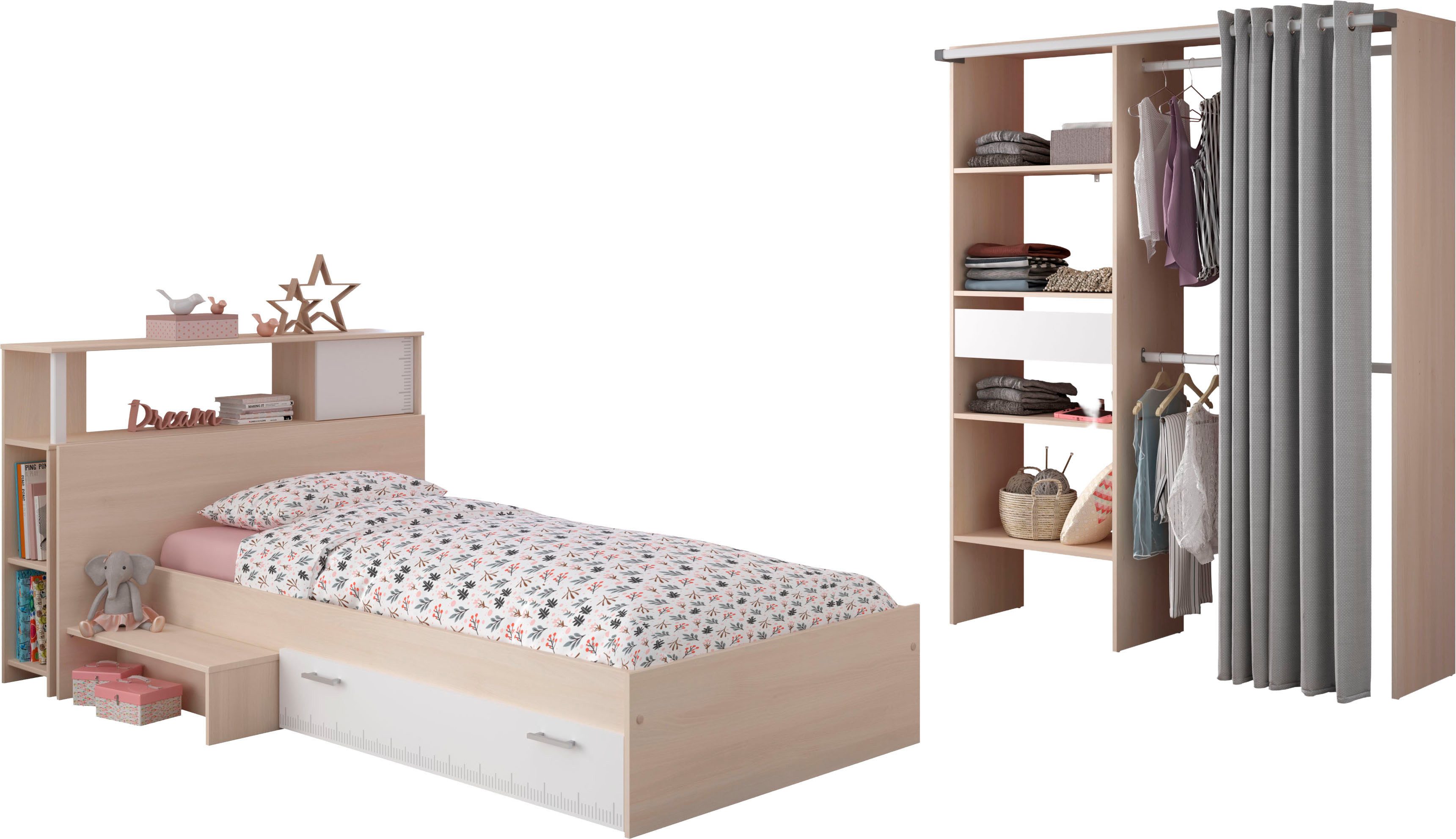 Parisot Jugendzimmer-Set Charly 23, (Set, 3-tlg), Seitliches Podest am Bett links oder rechts montierbar