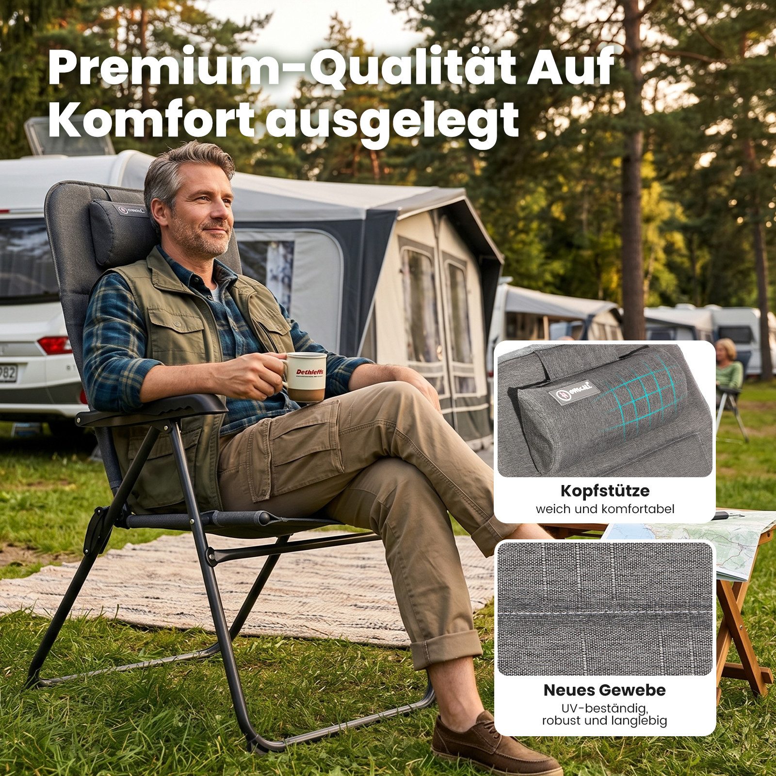 HOMECALL Campingstuhl Gartenstuhl Anglerstuhl Faltsessel Klappstuhl für Wohnwagen Outdoors (UV++ Olefin-Stoff, 1 St), 5 fach Verstellbarer Rückenlehne, Hochlehn – Bild 4 von 5