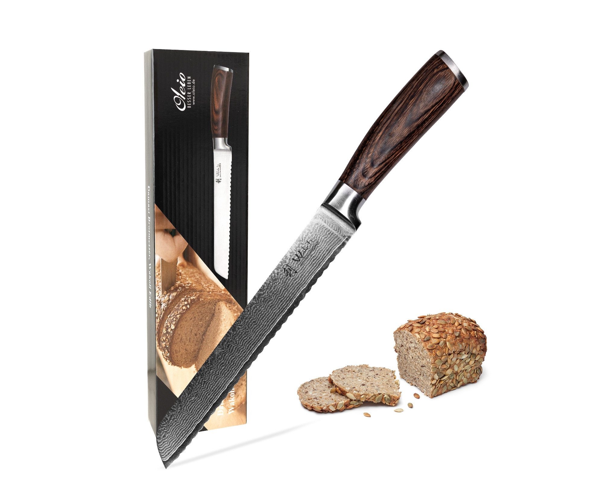 Wakoli Damastmesser EDIB Brotmesser Kochmesser 20cm Wellenschliffklinge Pakkaholzgriff, Küchenmesser aus 67 Lagen Damaststahl mit VG10 Kern inkl. Geschenkbox