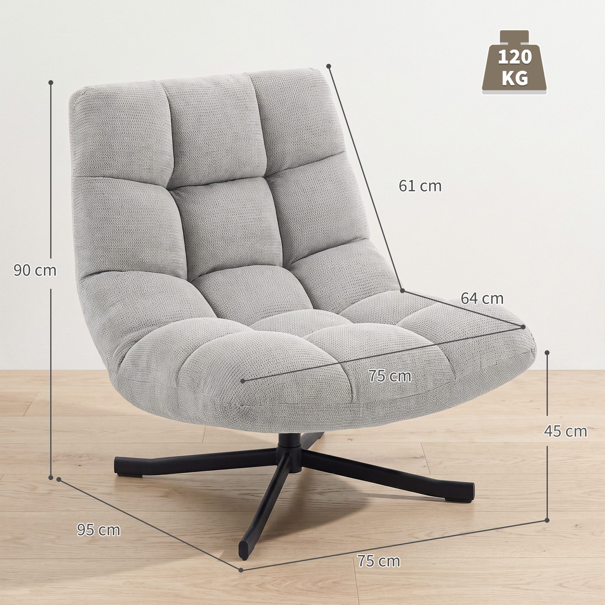 HOMCOM Relaxsessel Sessel Drehbar mit Breiter Sitzfläche, gepolstert (gepolstert Sessel, 1-St., Drehbar Loungesessel), für Wohnzimmer, Schlafzimmer, Hellgrau
